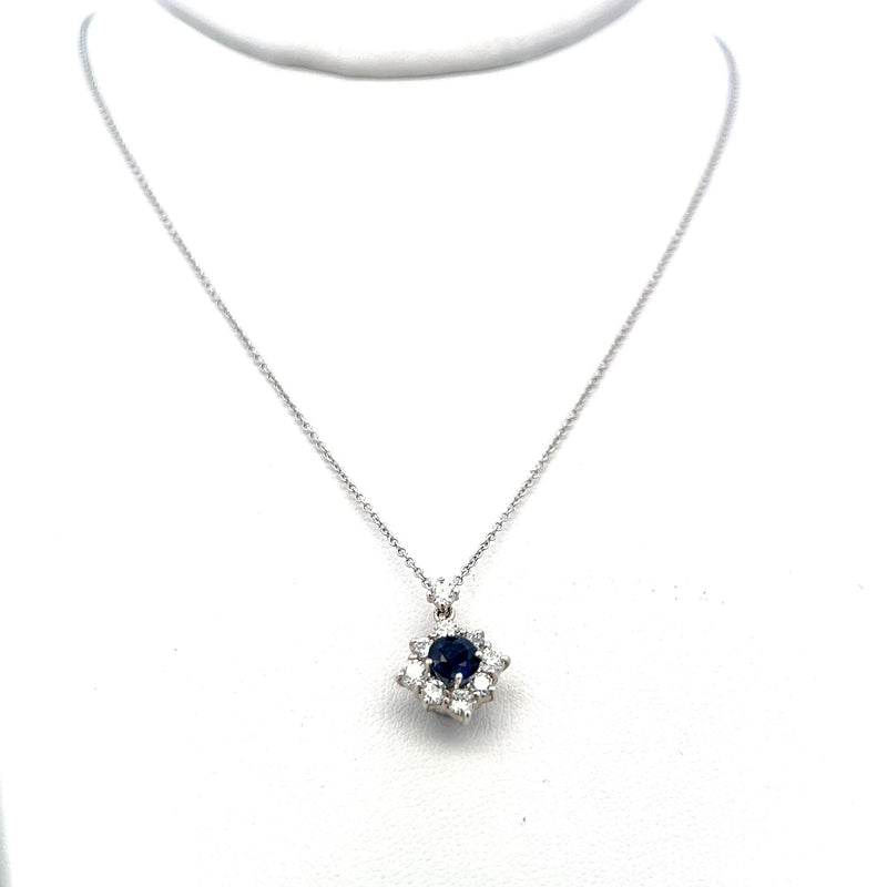 0.60 Carat Round Diamond 0.56 Carat Sapphire 18K White Gold Pendant Necklace