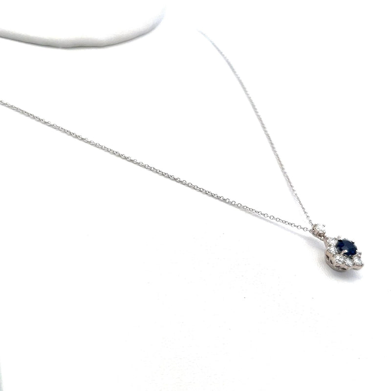 0.60 Carat Round Diamond 0.56 Carat Sapphire 18K White Gold Pendant Necklace