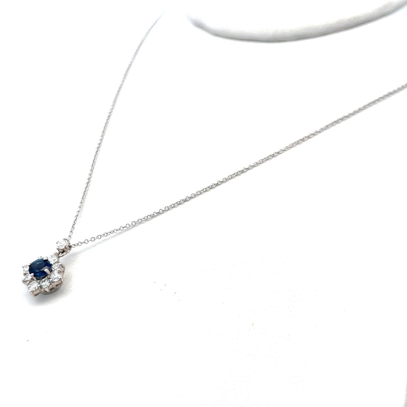 0.60 Carat Round Diamond 0.56 Carat Sapphire 18K White Gold Pendant Necklace