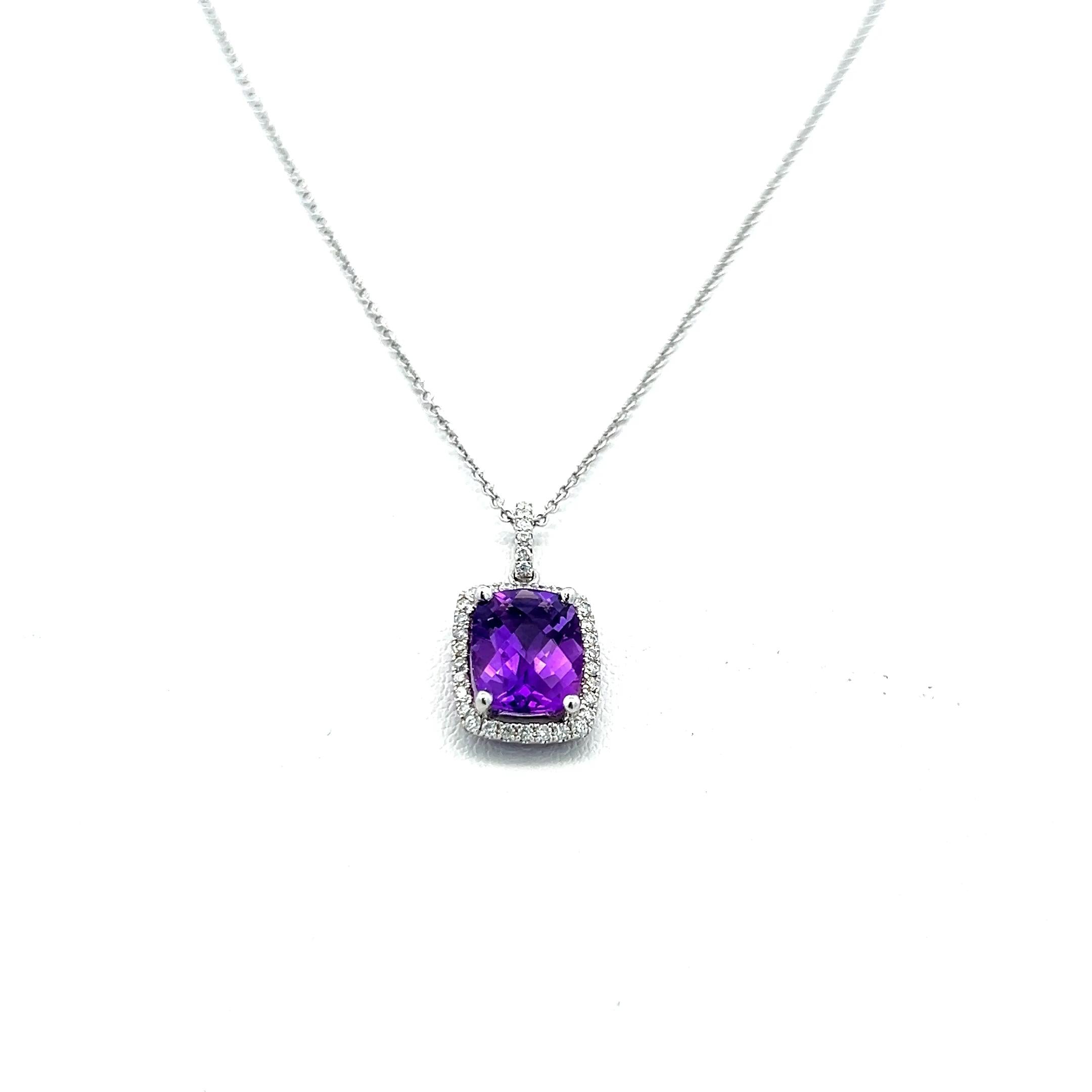 1.75 Carat Amethysts 0.17 Carat Round Brilliant Diamond 14K WG Pendant Necklace