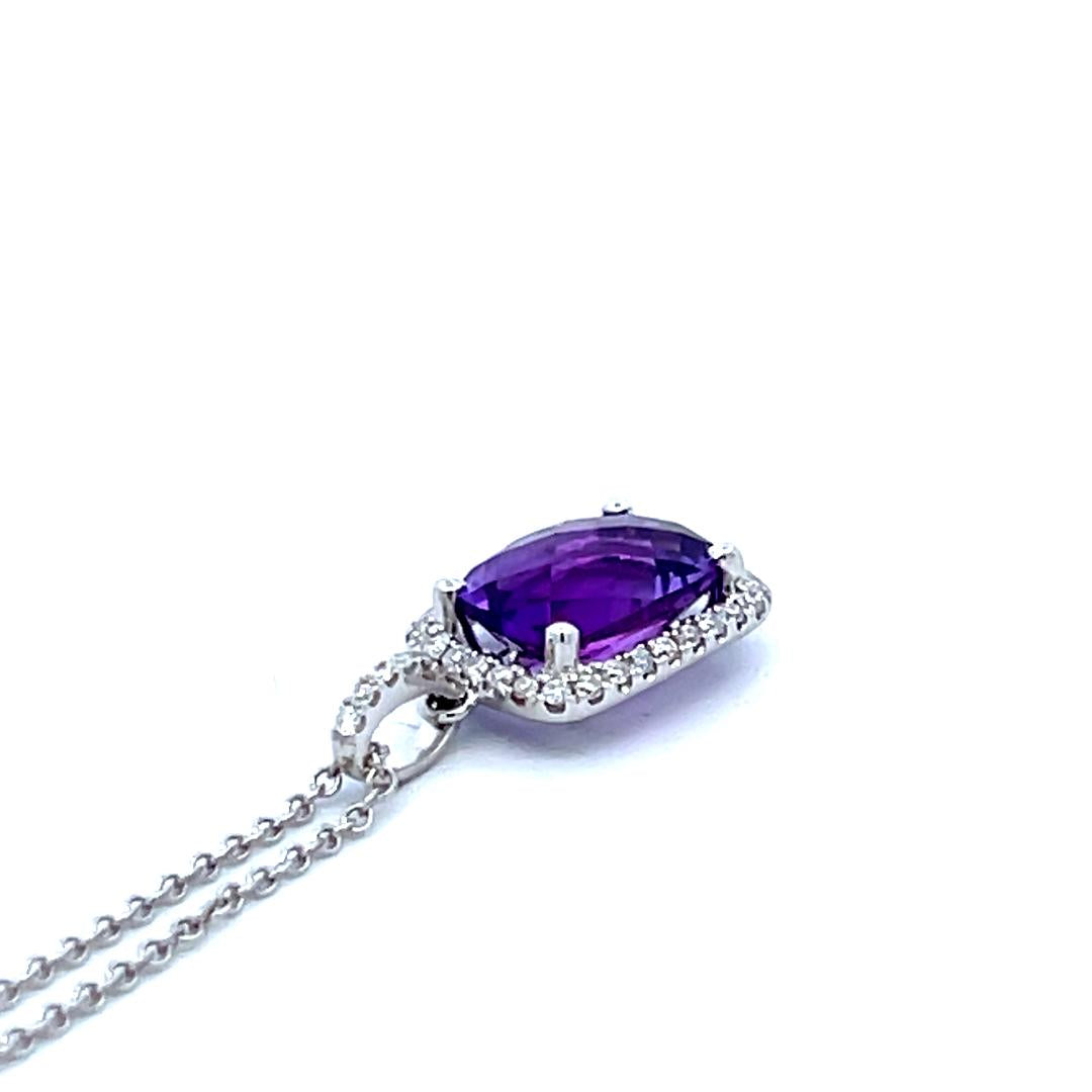 1.75 Carat Amethysts 0.17 Carat Round Brilliant Diamond 14K WG Pendant Necklace