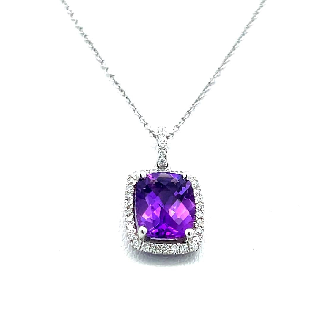 1.75 Carat Amethysts 0.17 Carat Round Brilliant Diamond 14K WG Pendant Necklace