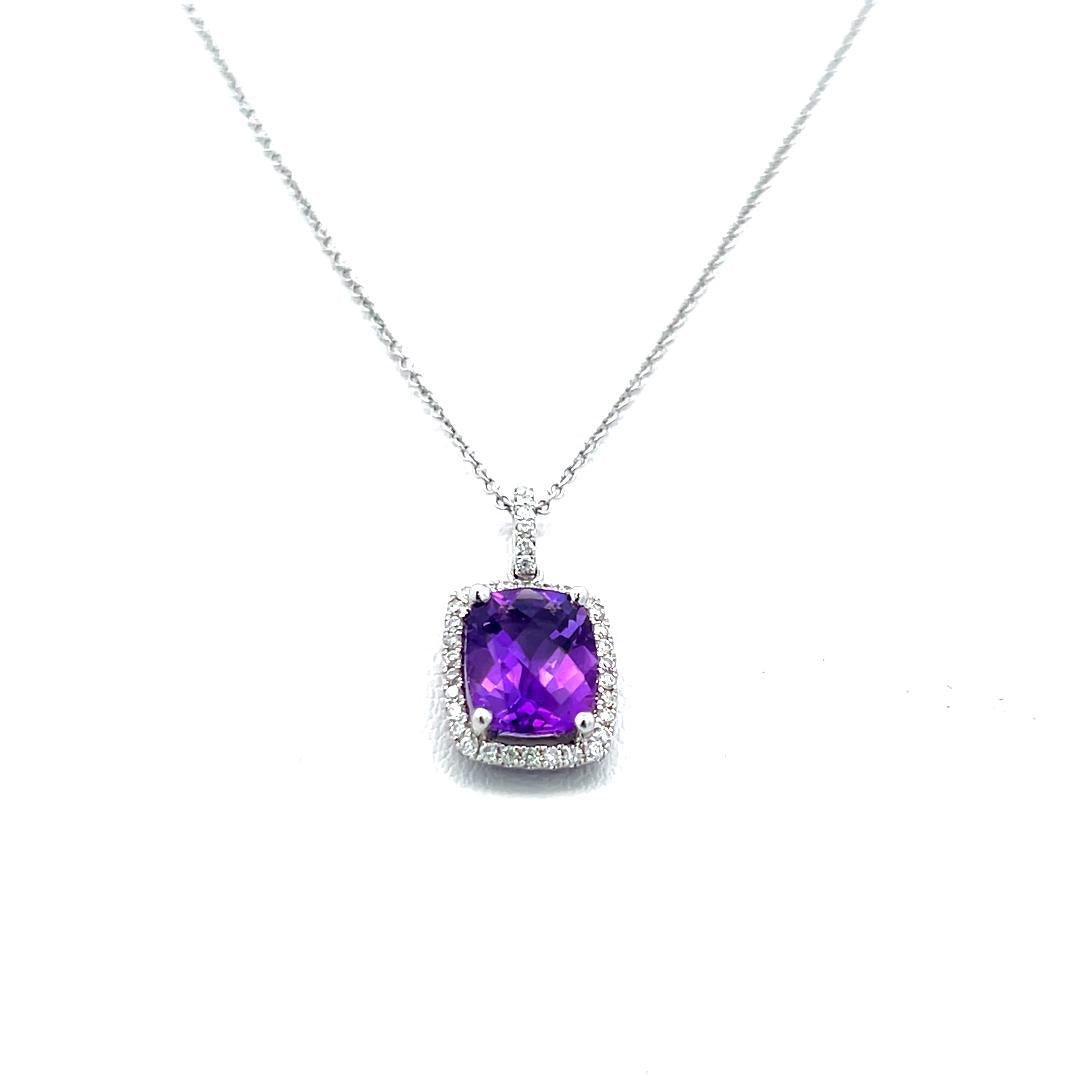 1.75 Carat Amethysts 0.17 Carat Round Brilliant Diamond 14K WG Pendant Necklace