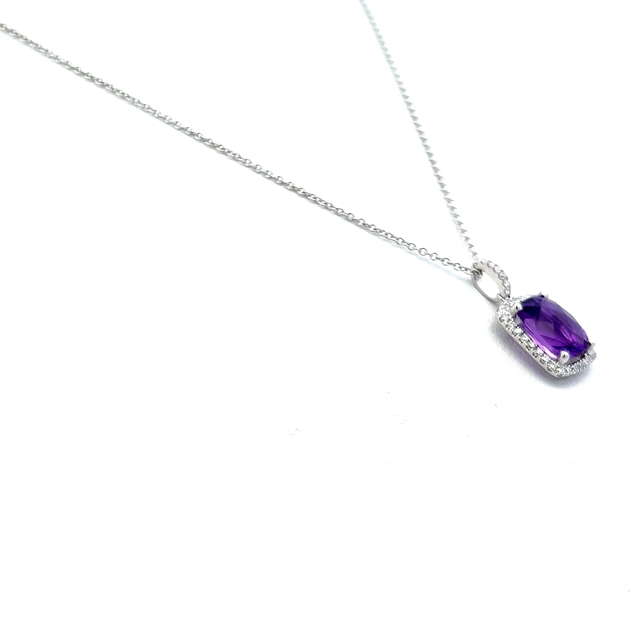 1.75 Carat Amethysts 0.17 Carat Round Brilliant Diamond 14K WG Pendant Necklace