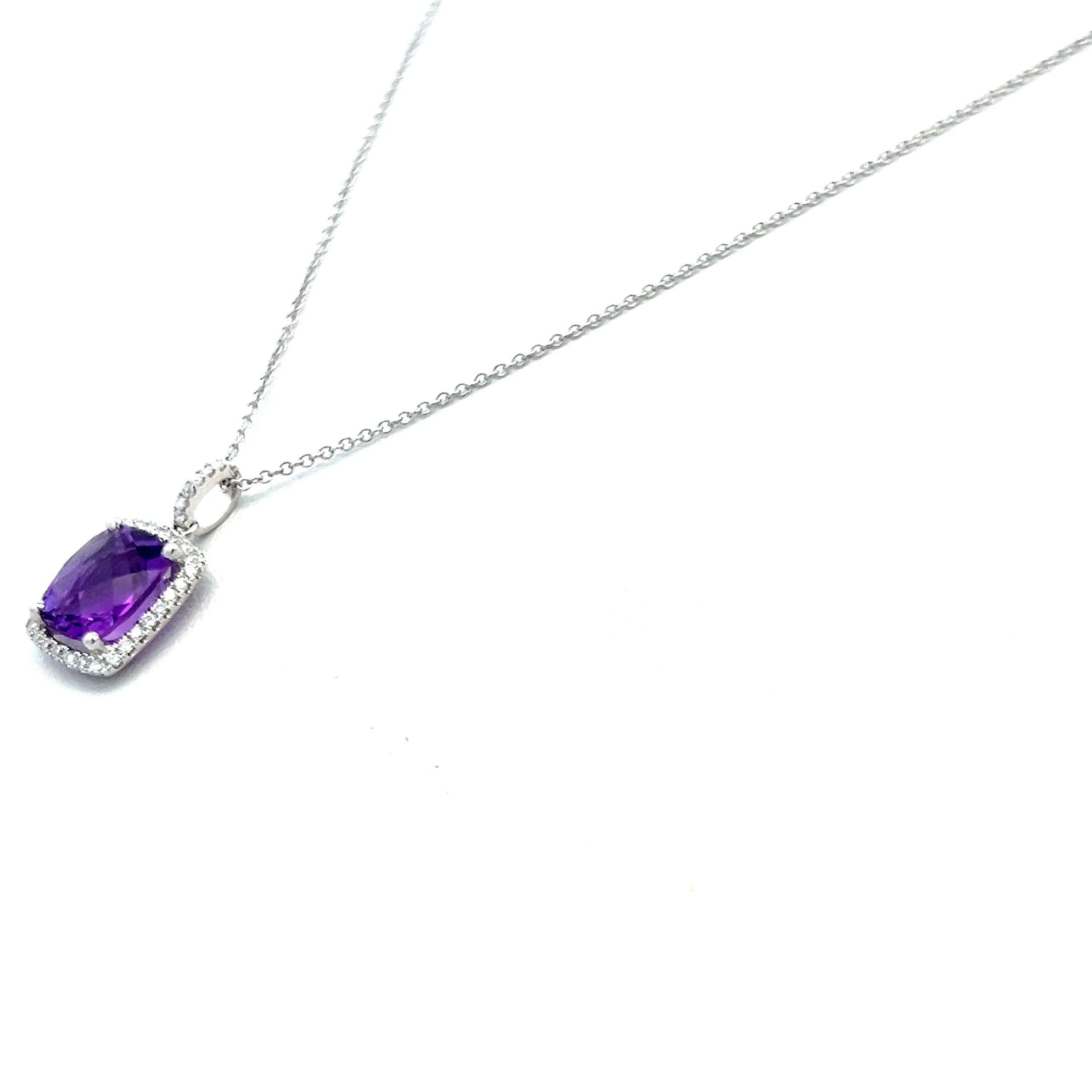 1.75 Carat Amethysts 0.17 Carat Round Brilliant Diamond 14K WG Pendant Necklace