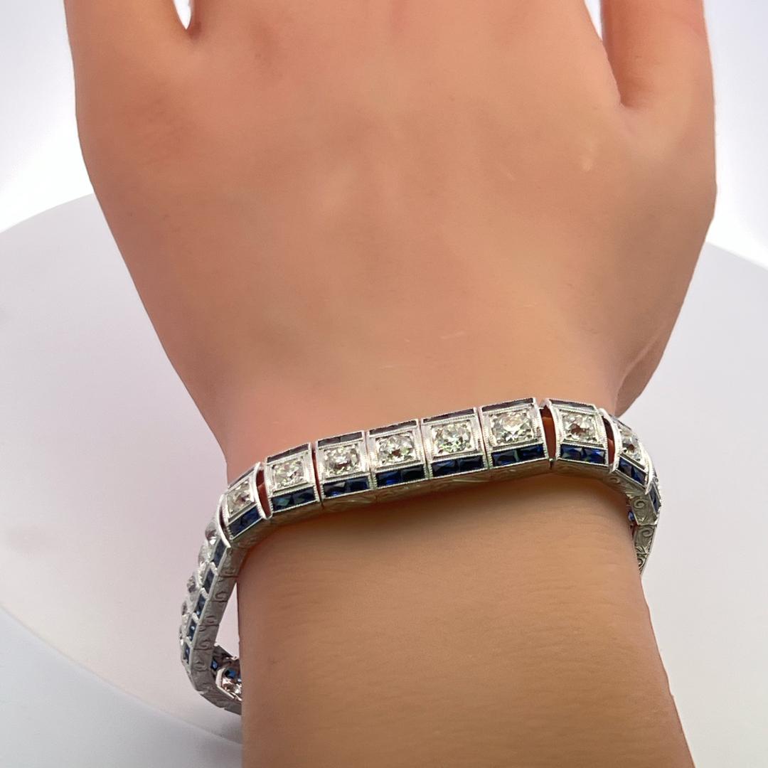 6.25 Carat Old European Cut Diamond 5.75 Carat Sapphire Platinum Link Bracelet