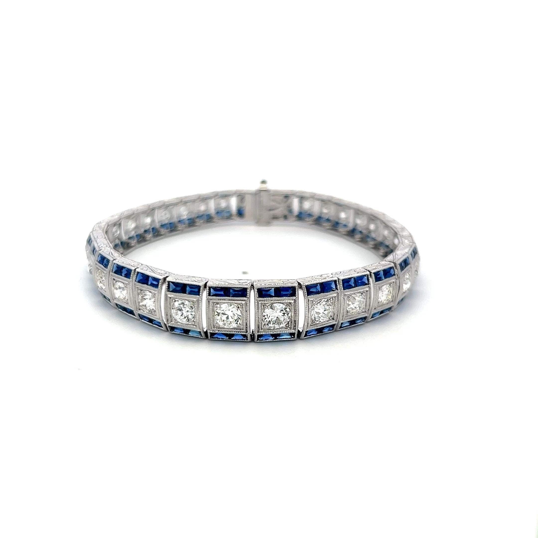 6.25 Carat Old European Cut Diamond 5.75 Carat Sapphire Platinum Link Bracelet