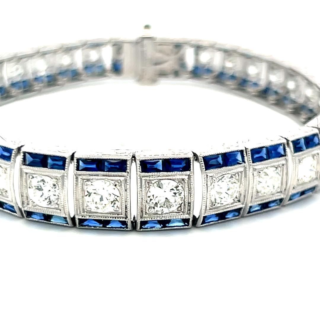 6.25 Carat Old European Cut Diamond 5.75 Carat Sapphire Platinum Link Bracelet