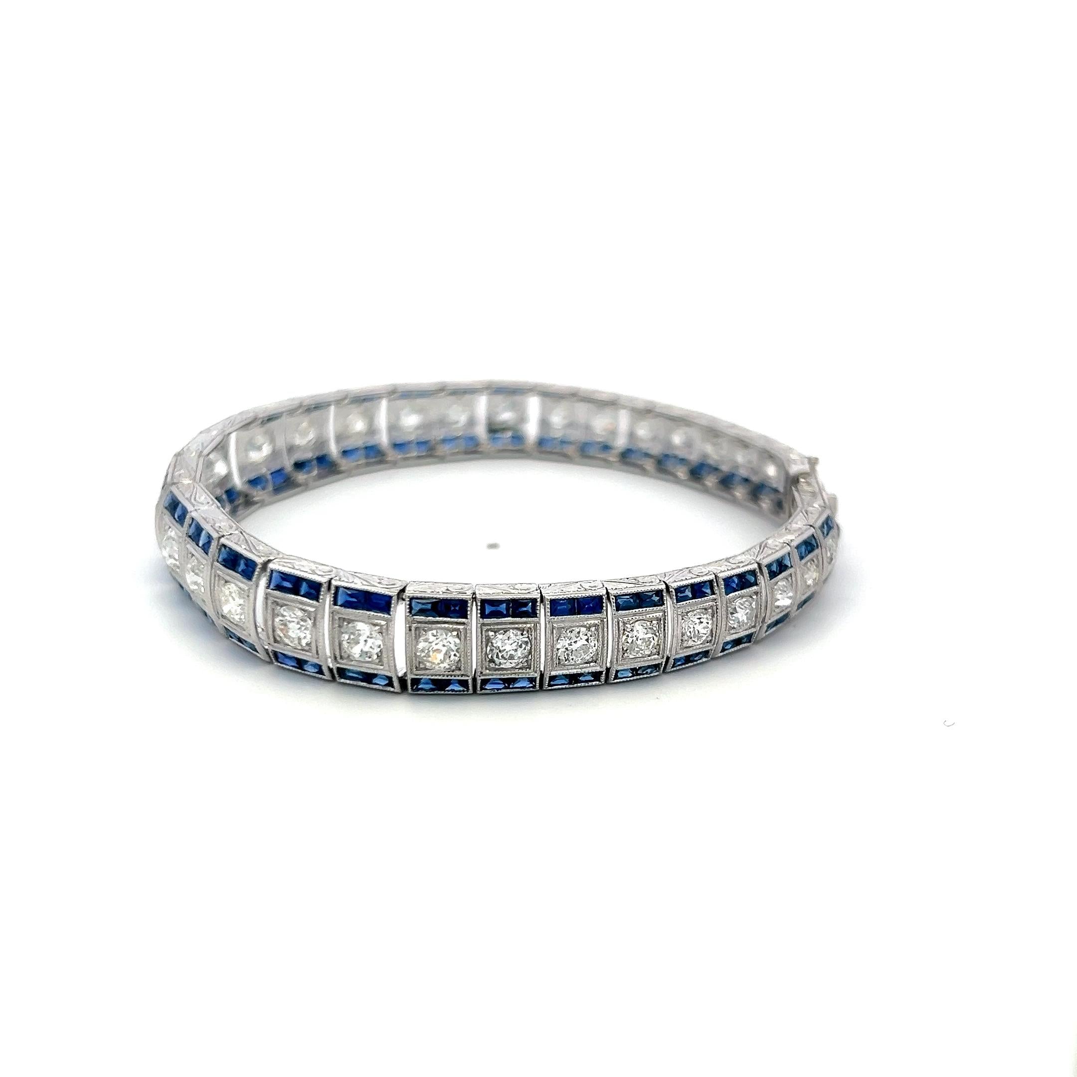 6.25 Carat Old European Cut Diamond 5.75 Carat Sapphire Platinum Link Bracelet