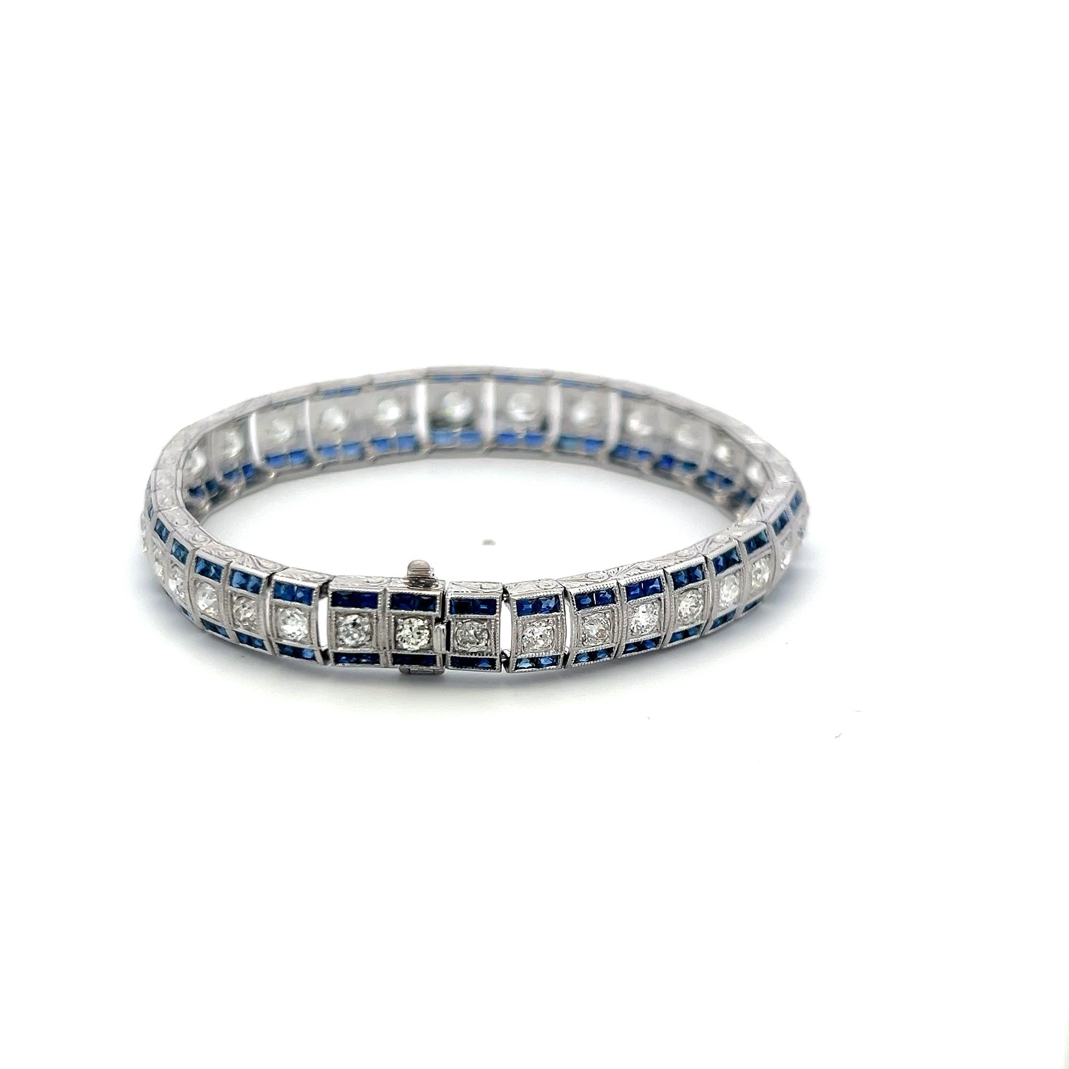 6.25 Carat Old European Cut Diamond 5.75 Carat Sapphire Platinum Link Bracelet