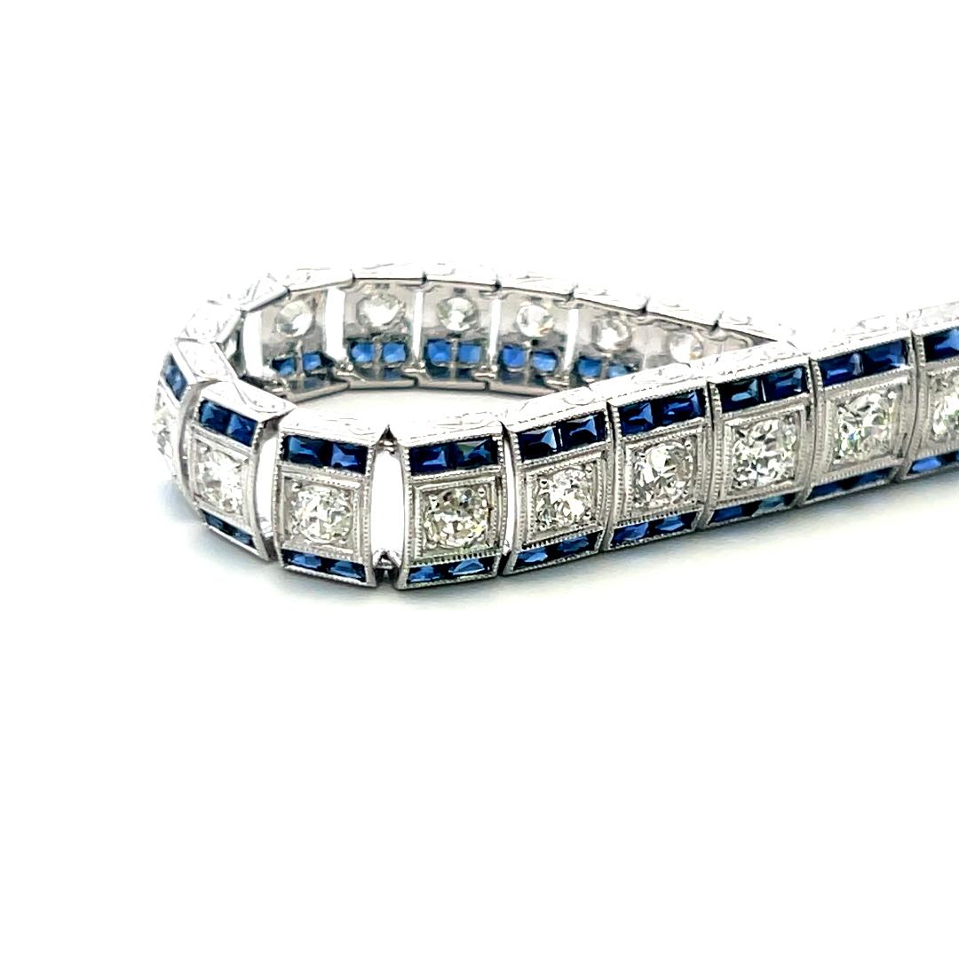 6.25 Carat Old European Cut Diamond 5.75 Carat Sapphire Platinum Link Bracelet