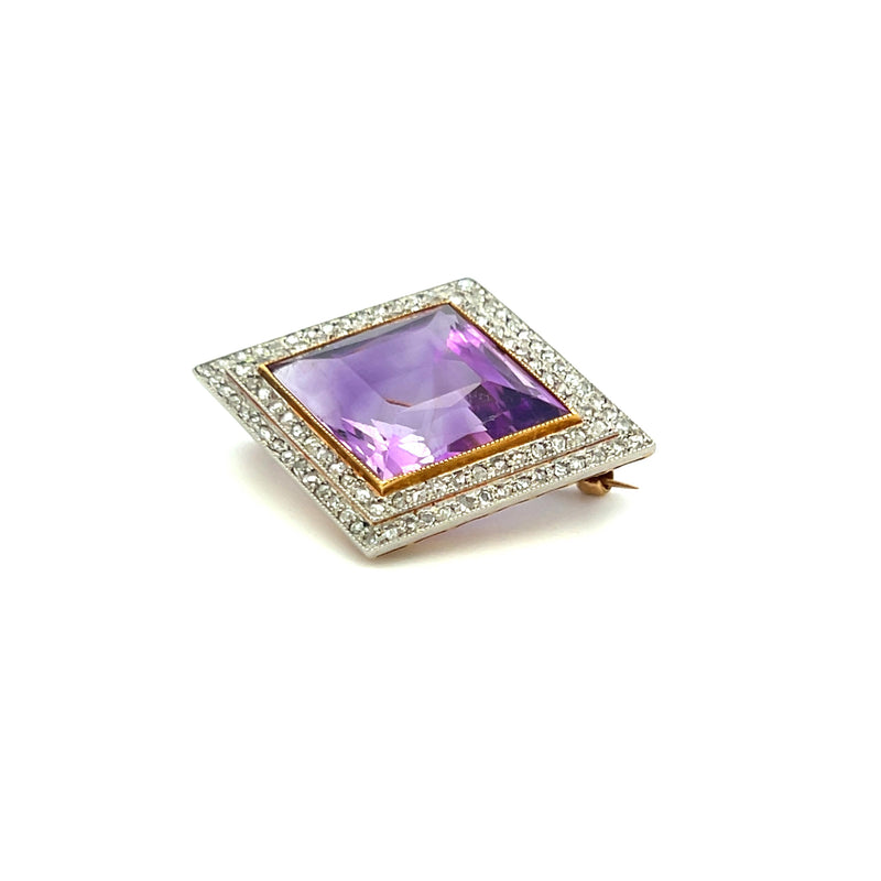 1.00 Carat Amethysts 0.38 Carat Round Brilliant Diamond 18K Gold Pin Brooch