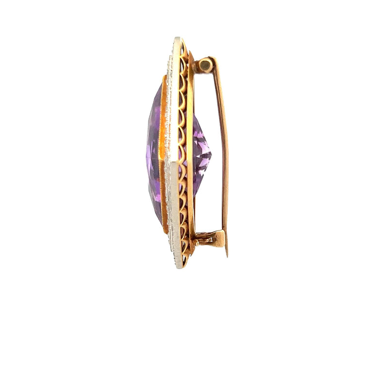 1.00 Carat Amethysts 0.38 Carat Round Brilliant Diamond 18K Gold Pin Brooch