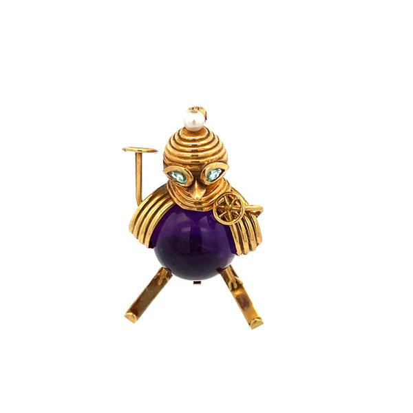 1.00 Carat Amethysts 2.7mm Pearl 0.10 Carat Tourmaline 18K Yellow Gold Brooch