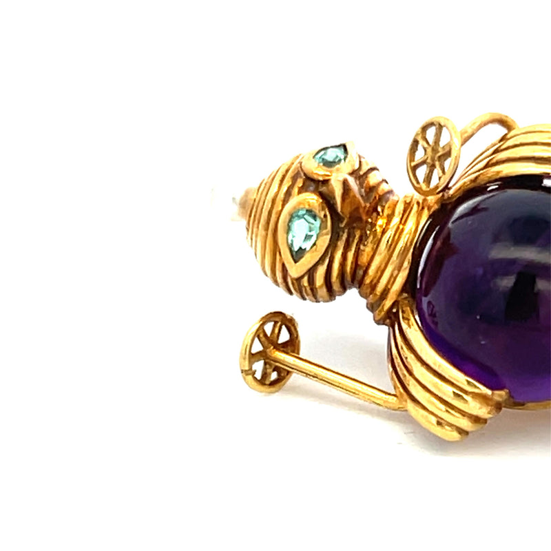 1.00 Carat Amethysts 2.7mm Pearl 0.10 Carat Tourmaline 18K Yellow Gold Brooch