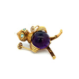 1.00 Carat Amethysts 2.7mm Pearl 0.10 Carat Tourmaline 18K Yellow Gold Brooch