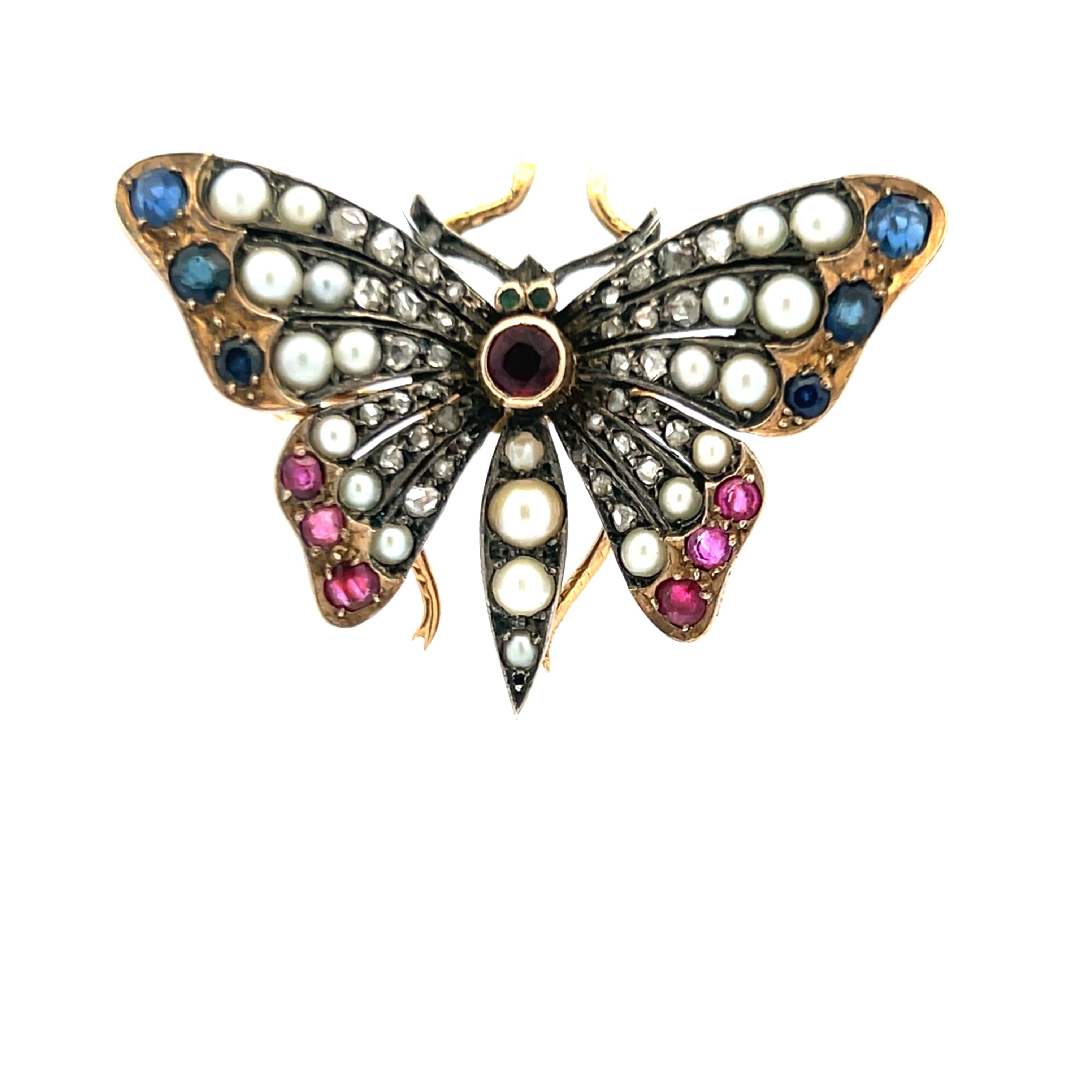 2.3-3.6mm Pearl 1.10 Carat Ruby and Sapphire 0.38 Carat Diamond 18K YG Brooch