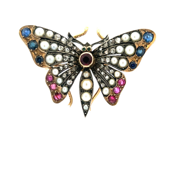 2.3-3.6mm Pearl 1.10 Carat Ruby and Sapphire 0.38 Carat Diamond 18K YG Brooch