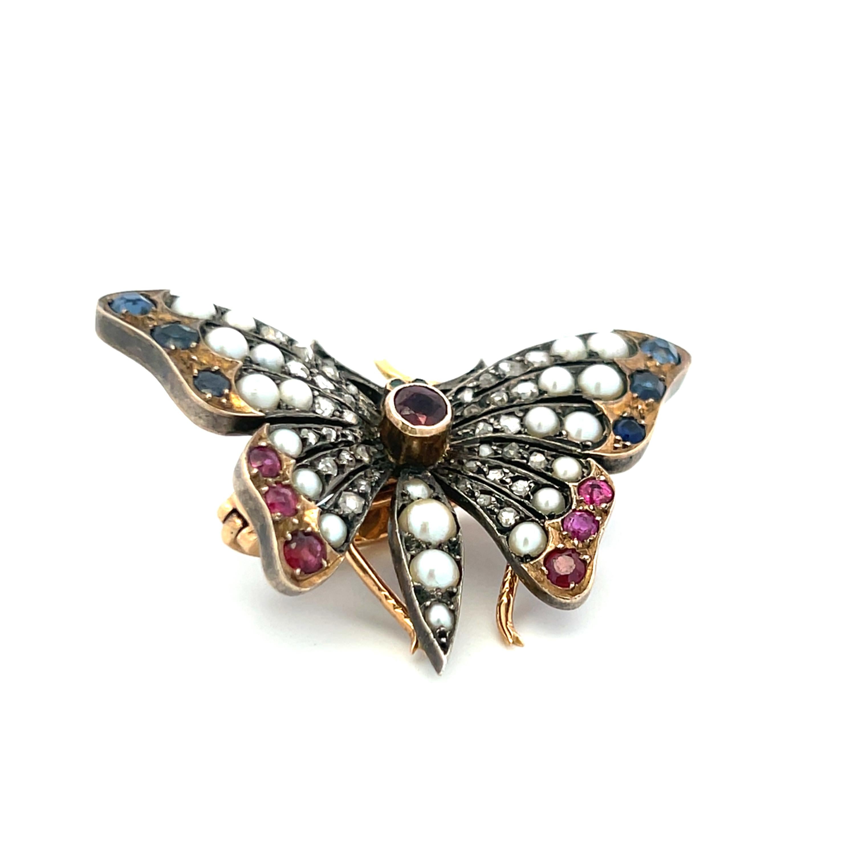 2.3-3.6mm Pearl 1.10 Carat Ruby and Sapphire 0.38 Carat Diamond 18K YG Brooch