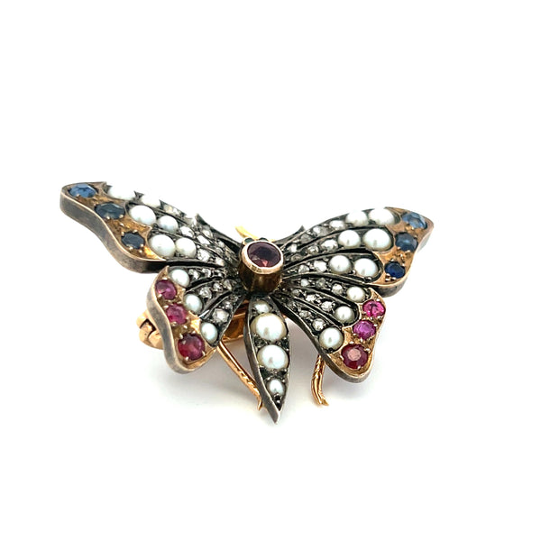 2.3-3.6mm Pearl 1.10 Carat Ruby and Sapphire 0.38 Carat Diamond 18K YG Brooch