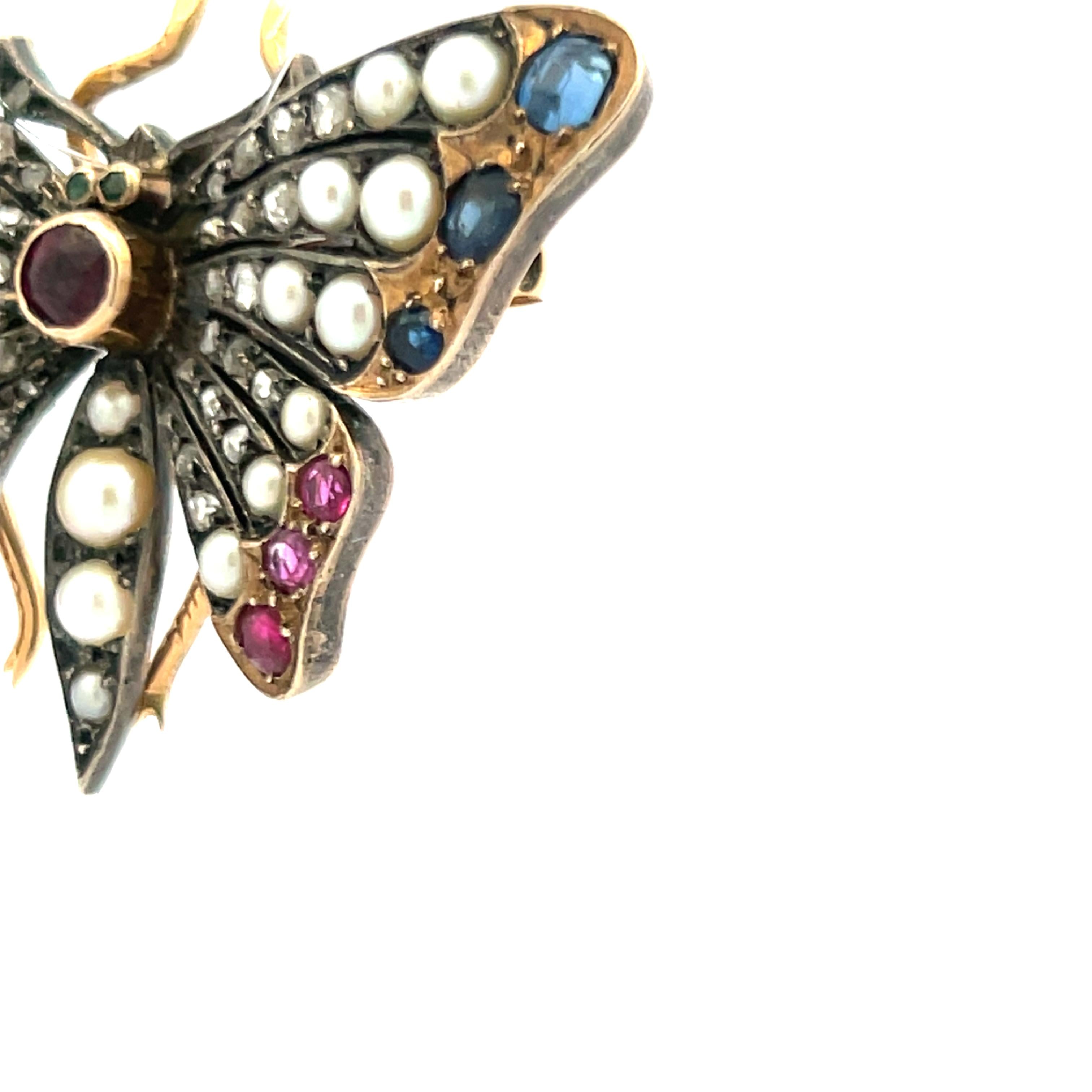 2.3-3.6mm Pearl 1.10 Carat Ruby and Sapphire 0.38 Carat Diamond 18K YG Brooch
