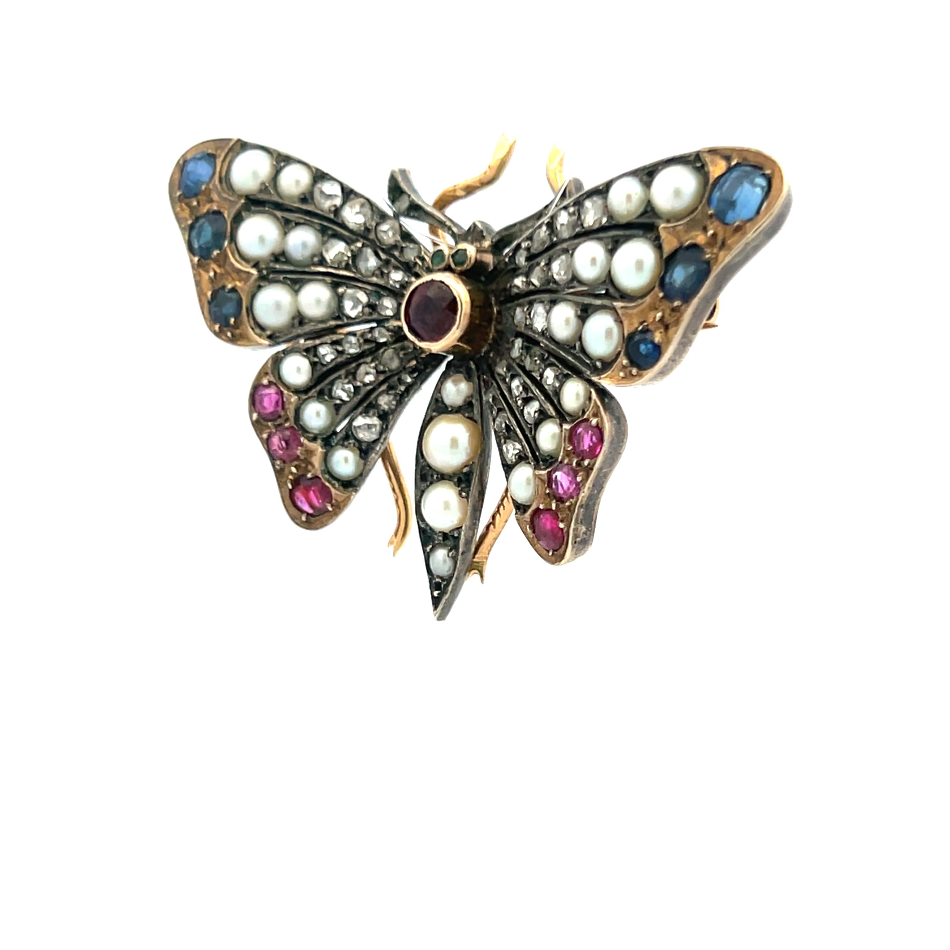 2.3-3.6mm Pearl 1.10 Carat Ruby and Sapphire 0.38 Carat Diamond 18K YG Brooch