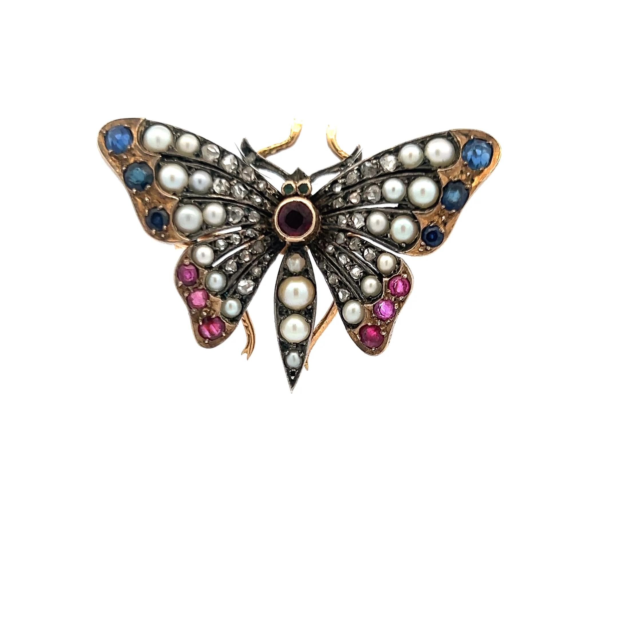 2.3-3.6mm Pearl 1.10 Carat Ruby and Sapphire 0.38 Carat Diamond 18K YG Brooch