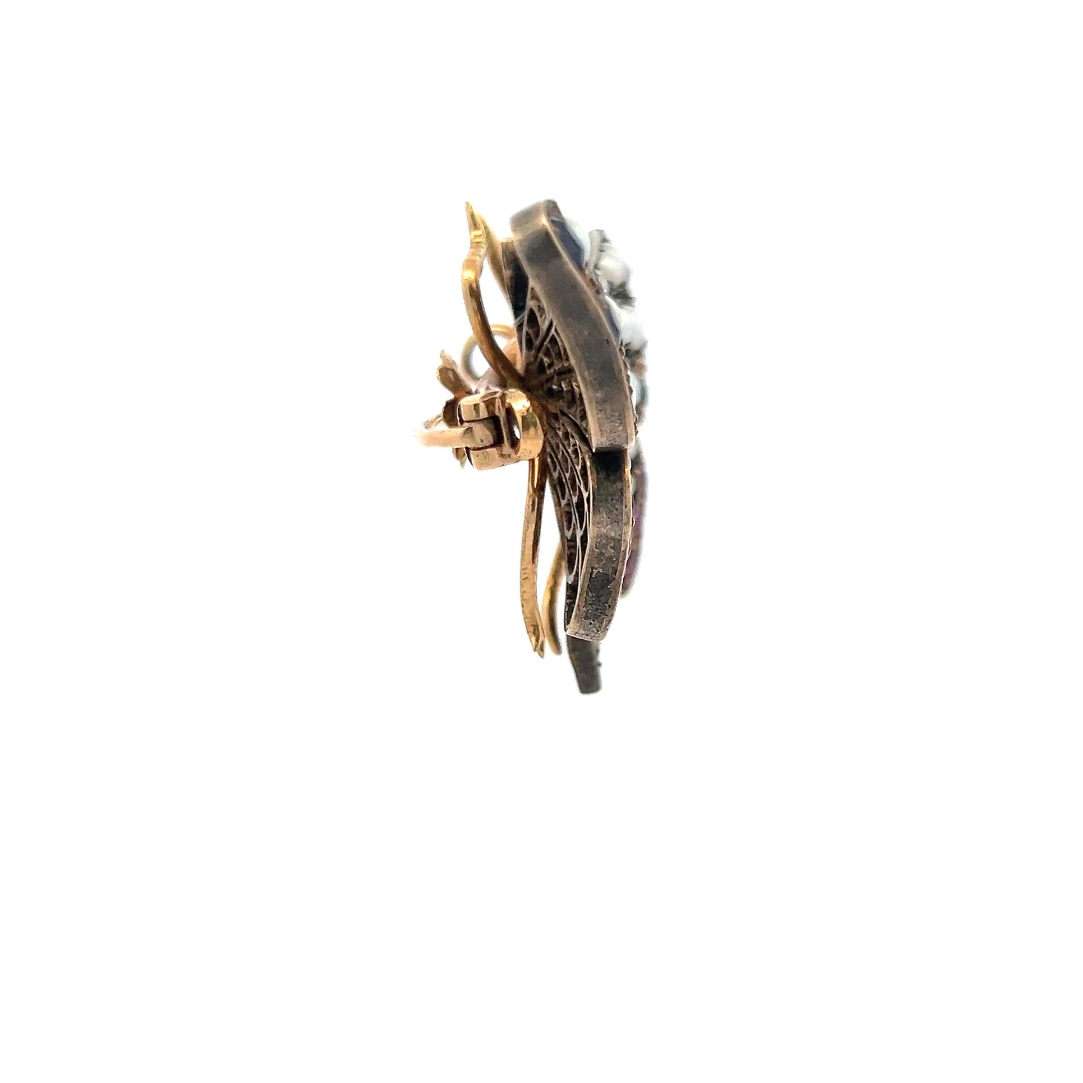 2.3-3.6mm Pearl 1.10 Carat Ruby and Sapphire 0.38 Carat Diamond 18K YG Brooch