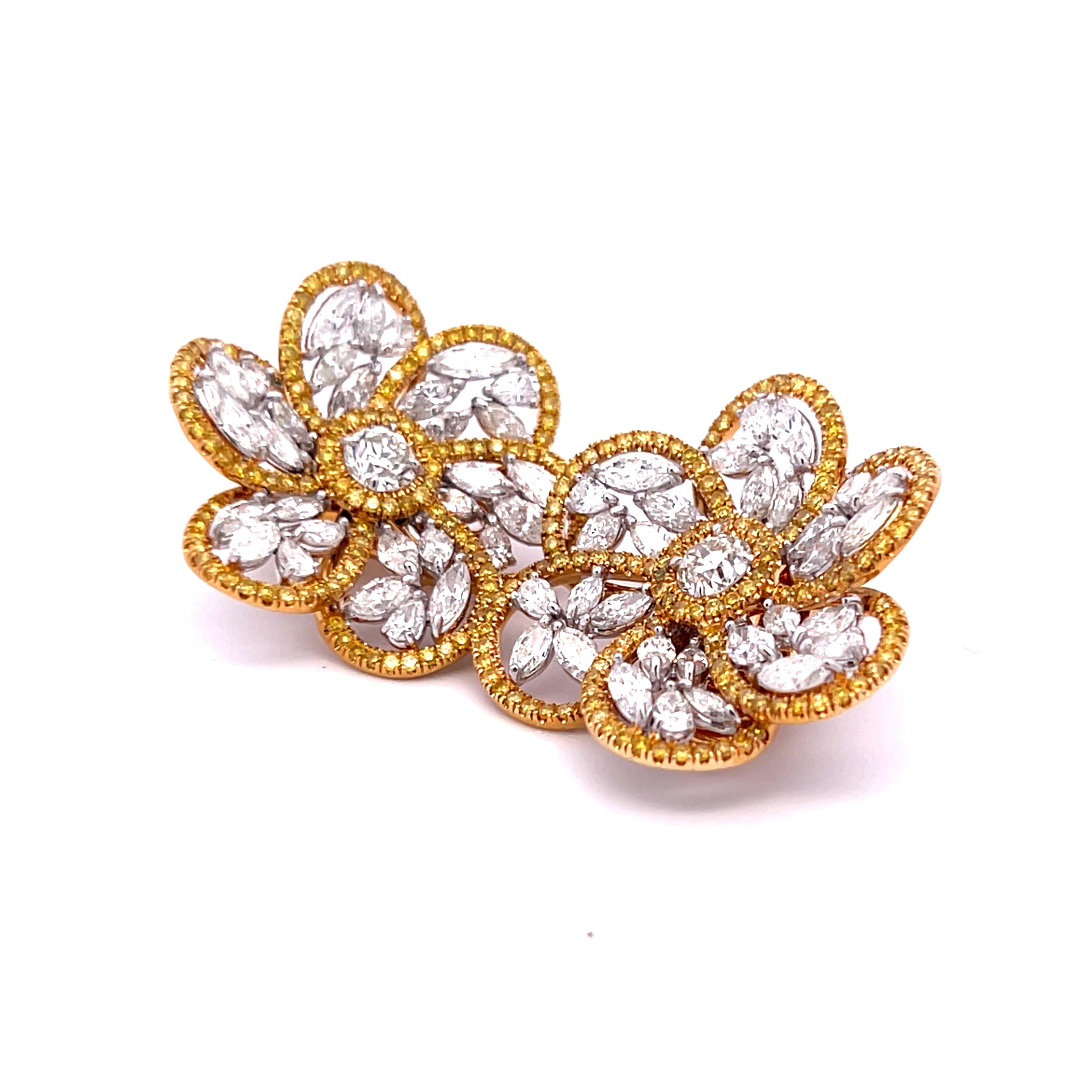 10.10ct Diamond & Fancy Yellow Two-Tone Gold Floral Clip-On Earrings Vintage