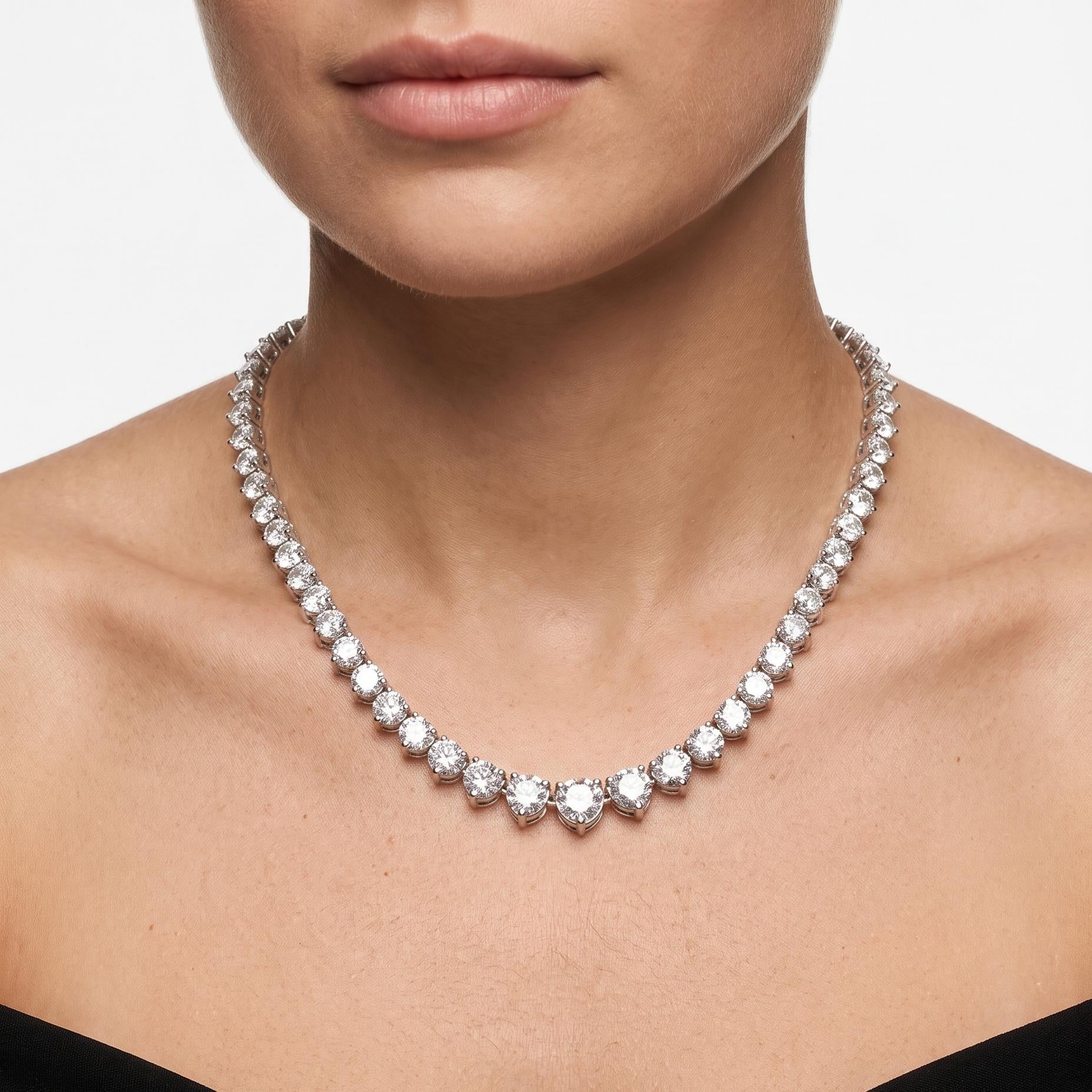 New 14K White Gold Riviera Necklace with 9.39 Carat Round Brilliant Diamonds