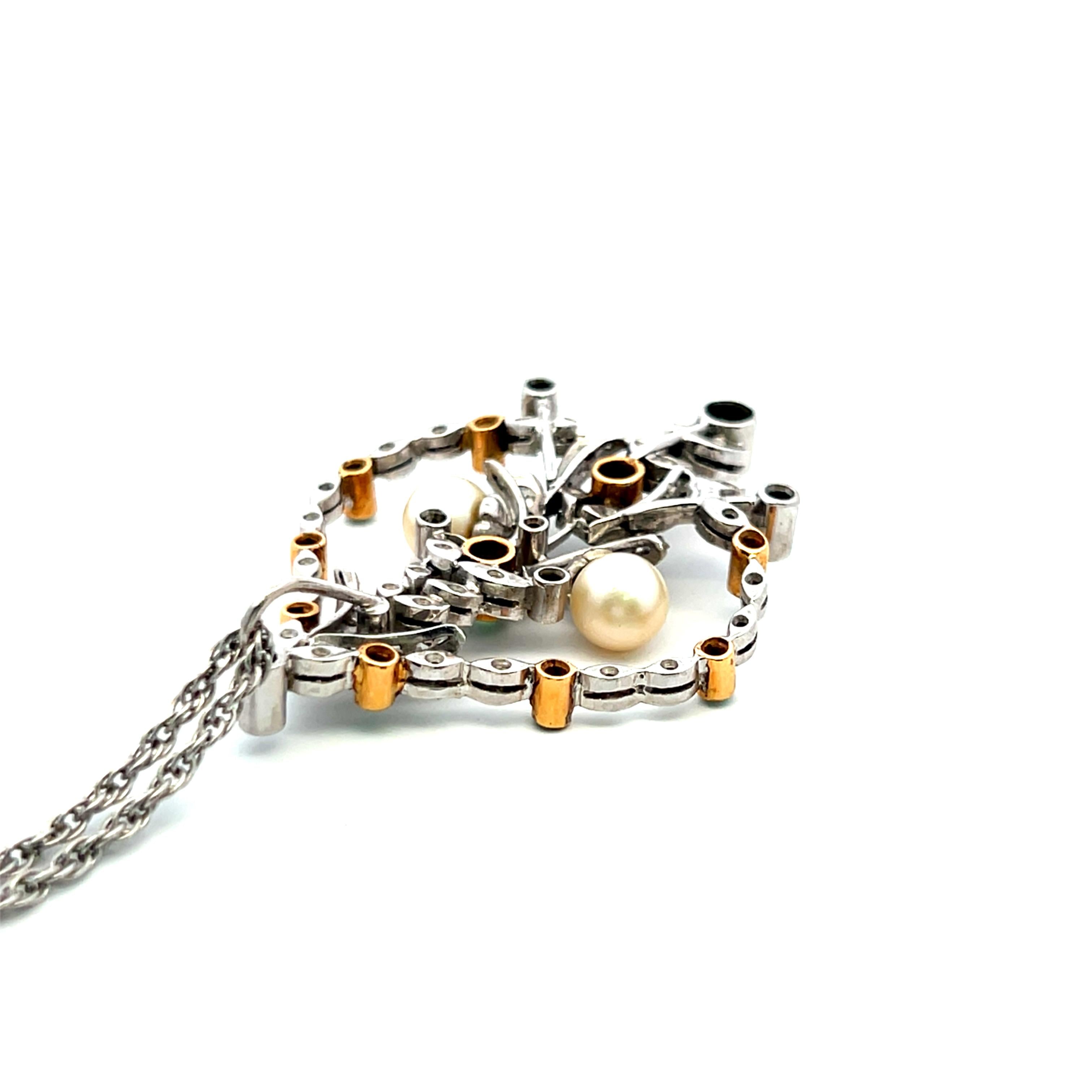 18K WG Pendant Necklace with 0.9 Carat Diamond 0.35 Ct. Emerald and 6.7 MM Pearl