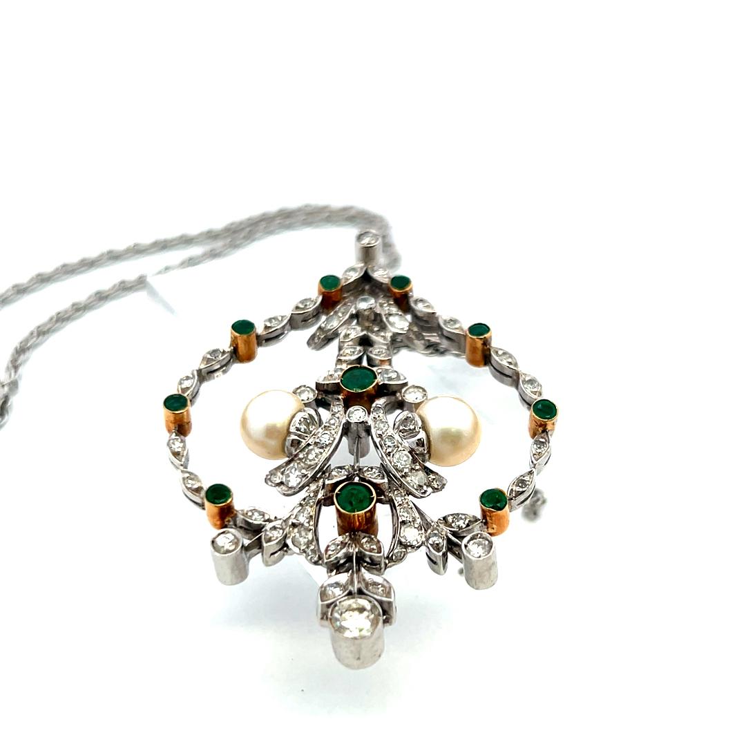18K WG Pendant Necklace with 0.9 Carat Diamond 0.35 Ct. Emerald and 6.7 MM Pearl