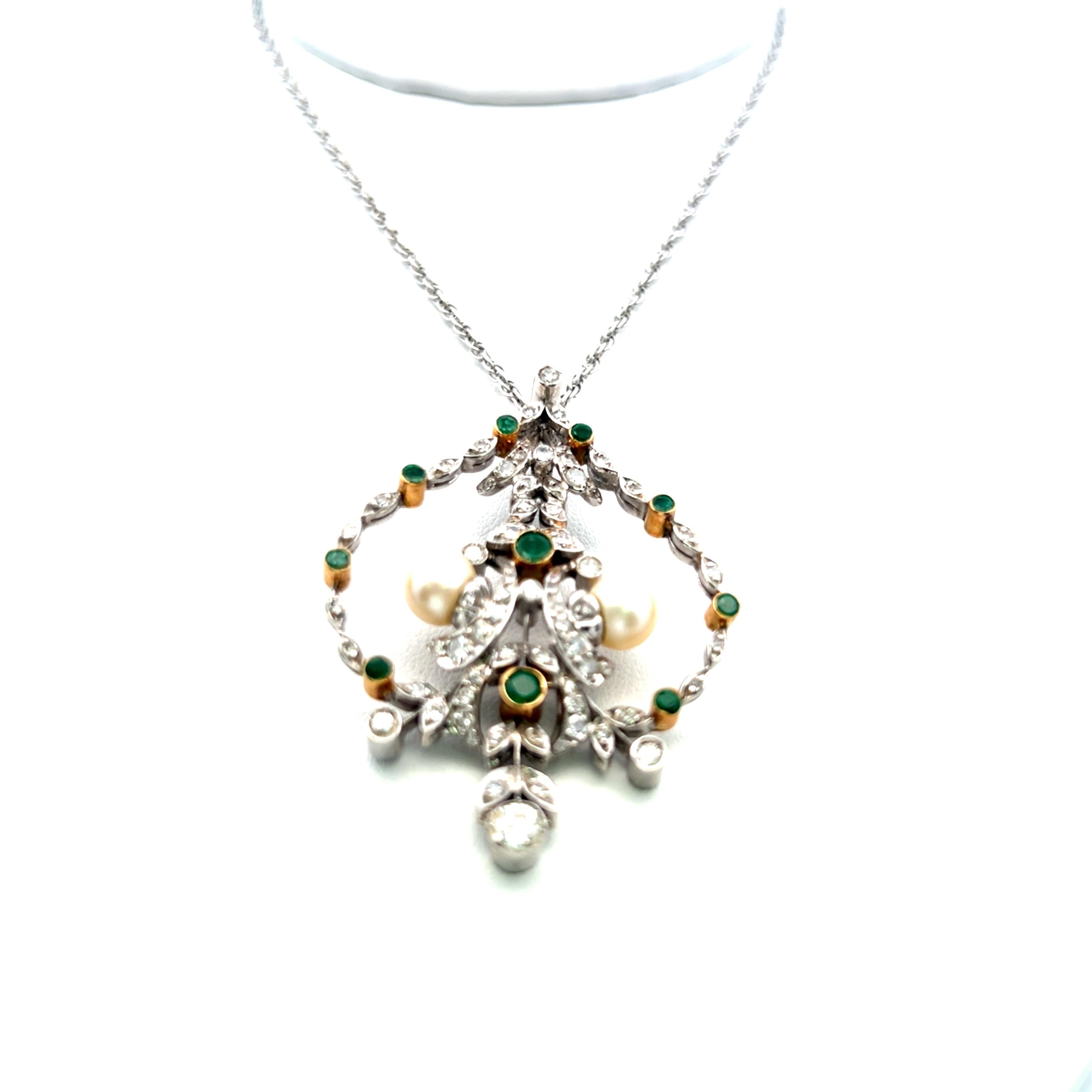 18K WG Pendant Necklace with 0.9 Carat Diamond 0.35 Ct. Emerald and 6.7 MM Pearl