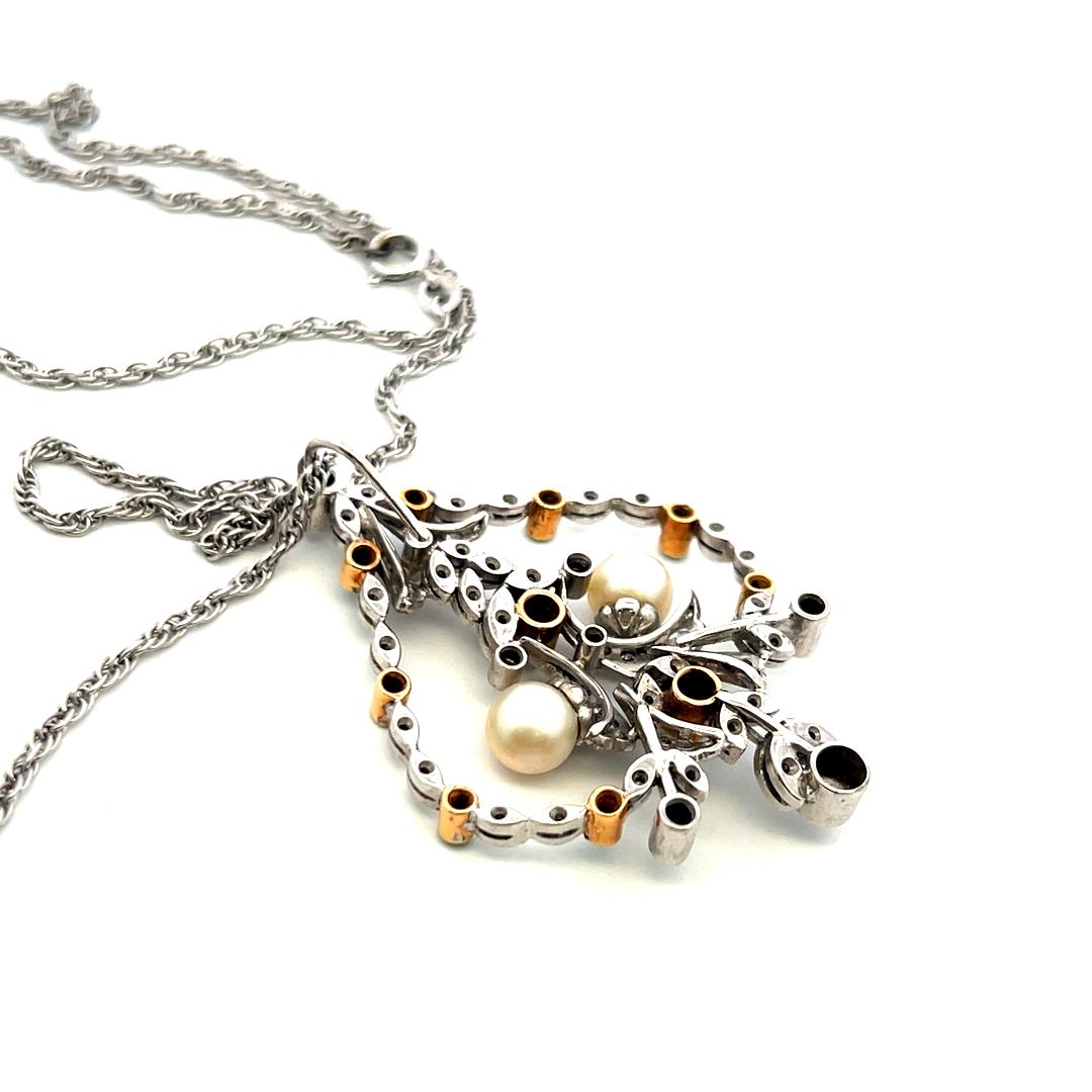 18K WG Pendant Necklace with 0.9 Carat Diamond 0.35 Ct. Emerald and 6.7 MM Pearl