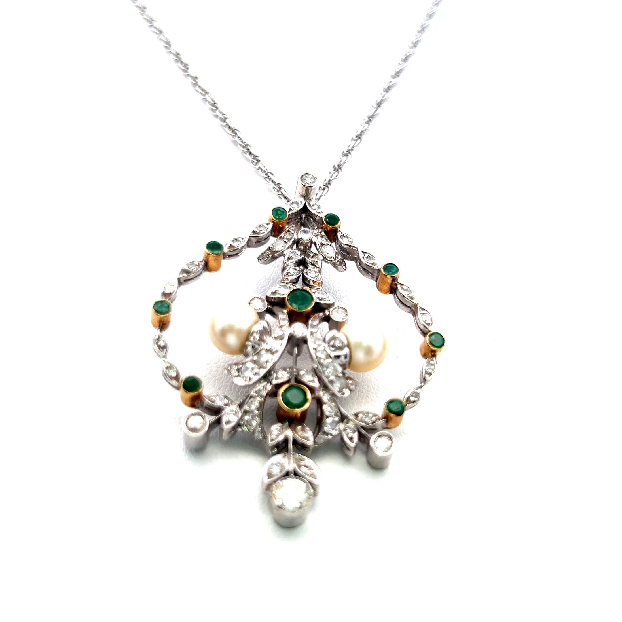 18K WG Pendant Necklace with 0.9 Carat Diamond 0.35 Ct. Emerald and 6.7 MM Pearl