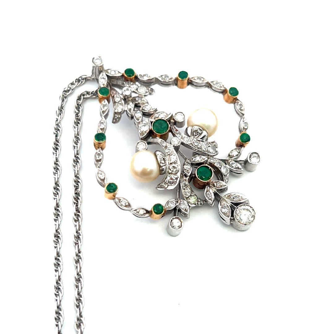 18K WG Pendant Necklace with 0.9 Carat Diamond 0.35 Ct. Emerald and 6.7 MM Pearl