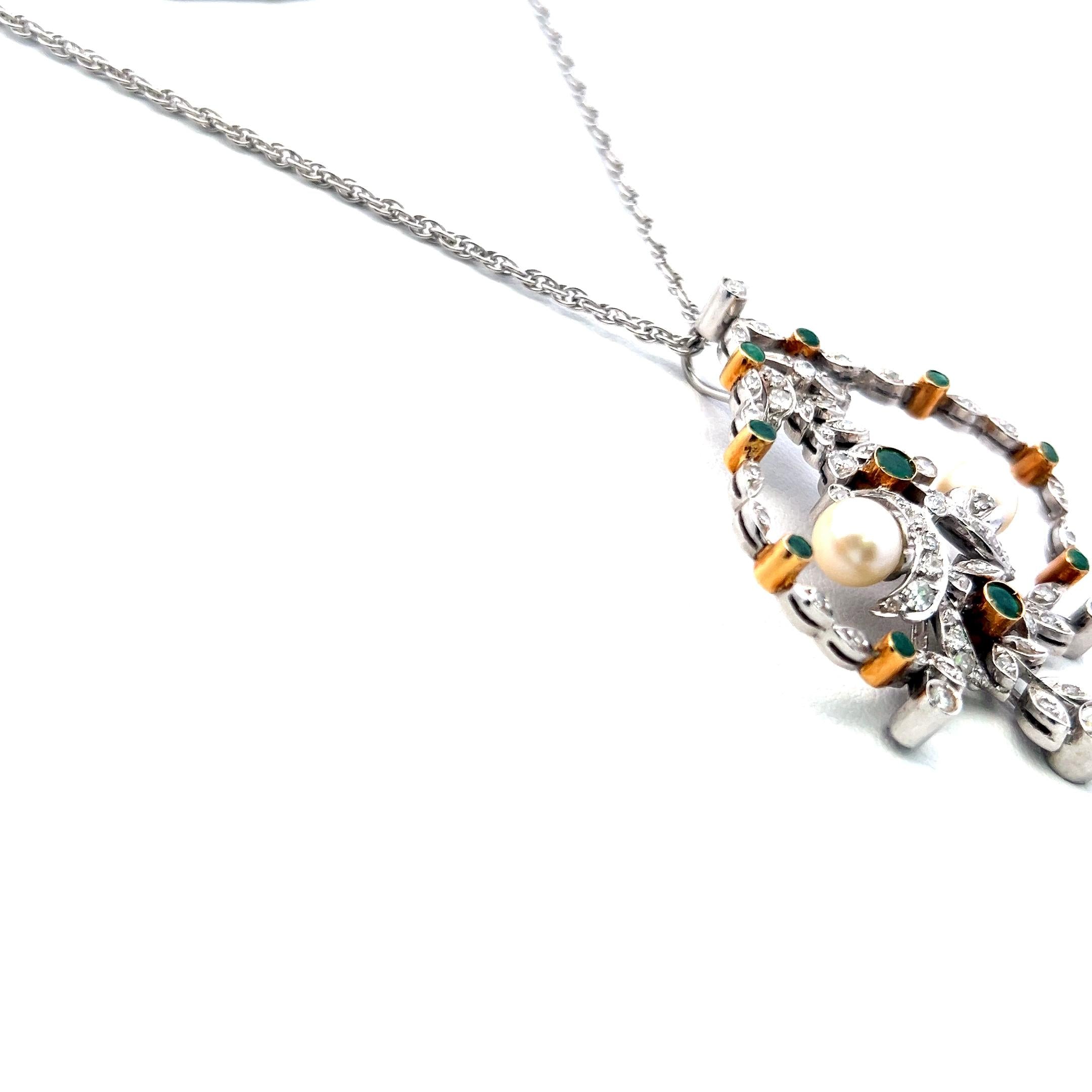 18K WG Pendant Necklace with 0.9 Carat Diamond 0.35 Ct. Emerald and 6.7 MM Pearl
