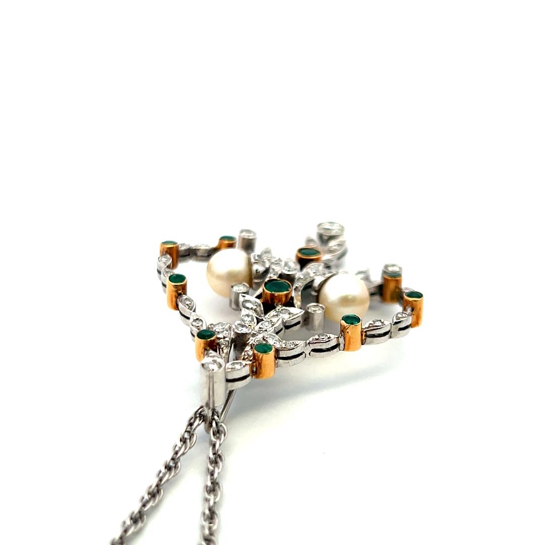 18K WG Pendant Necklace with 0.9 Carat Diamond 0.35 Ct. Emerald and 6.7 MM Pearl