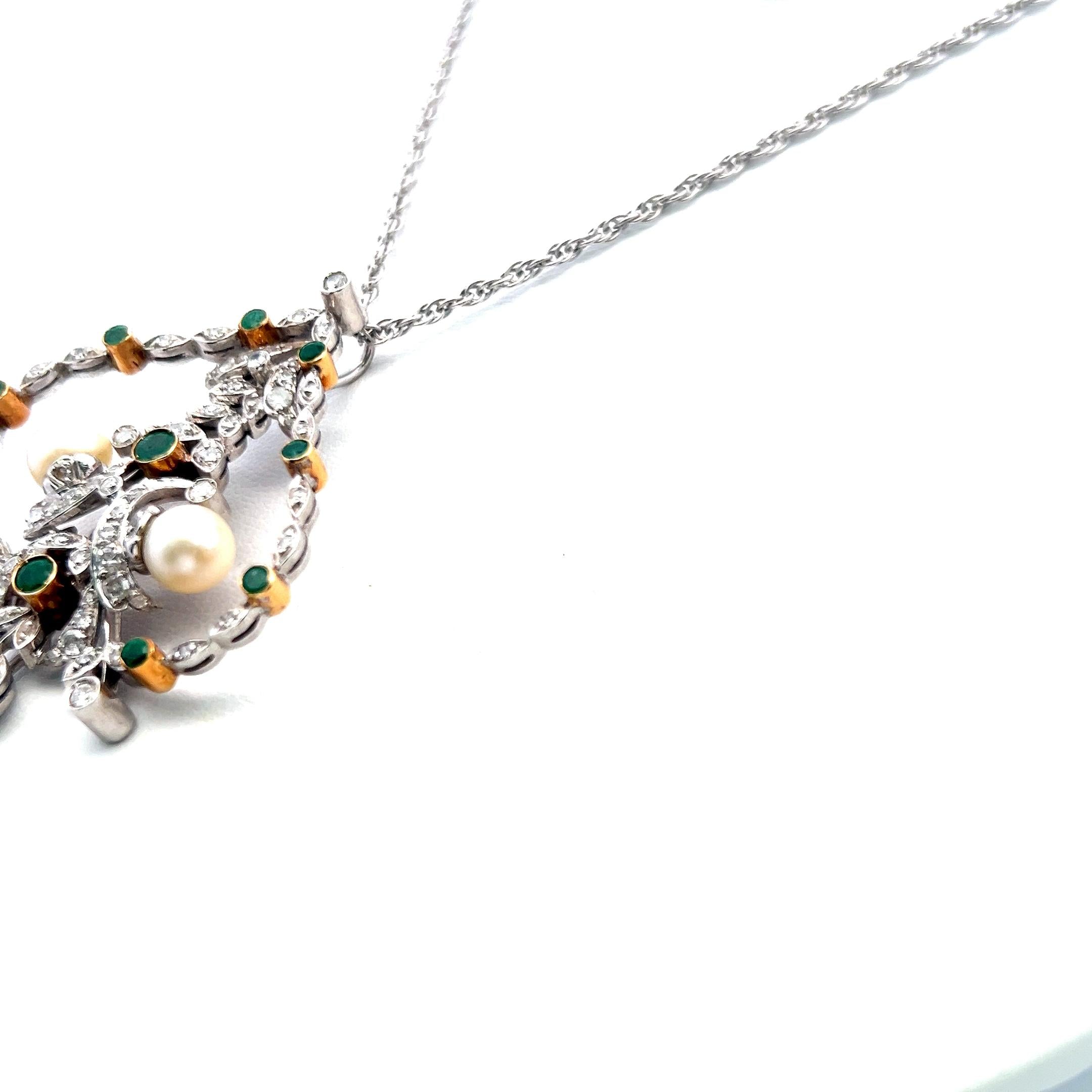 18K WG Pendant Necklace with 0.9 Carat Diamond 0.35 Ct. Emerald and 6.7 MM Pearl