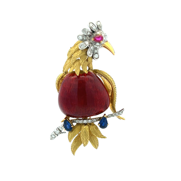 0.40 Carat Sapphire and Ruby 0.25 Carat Diamond 18K Yellow Gold Pin Brooch