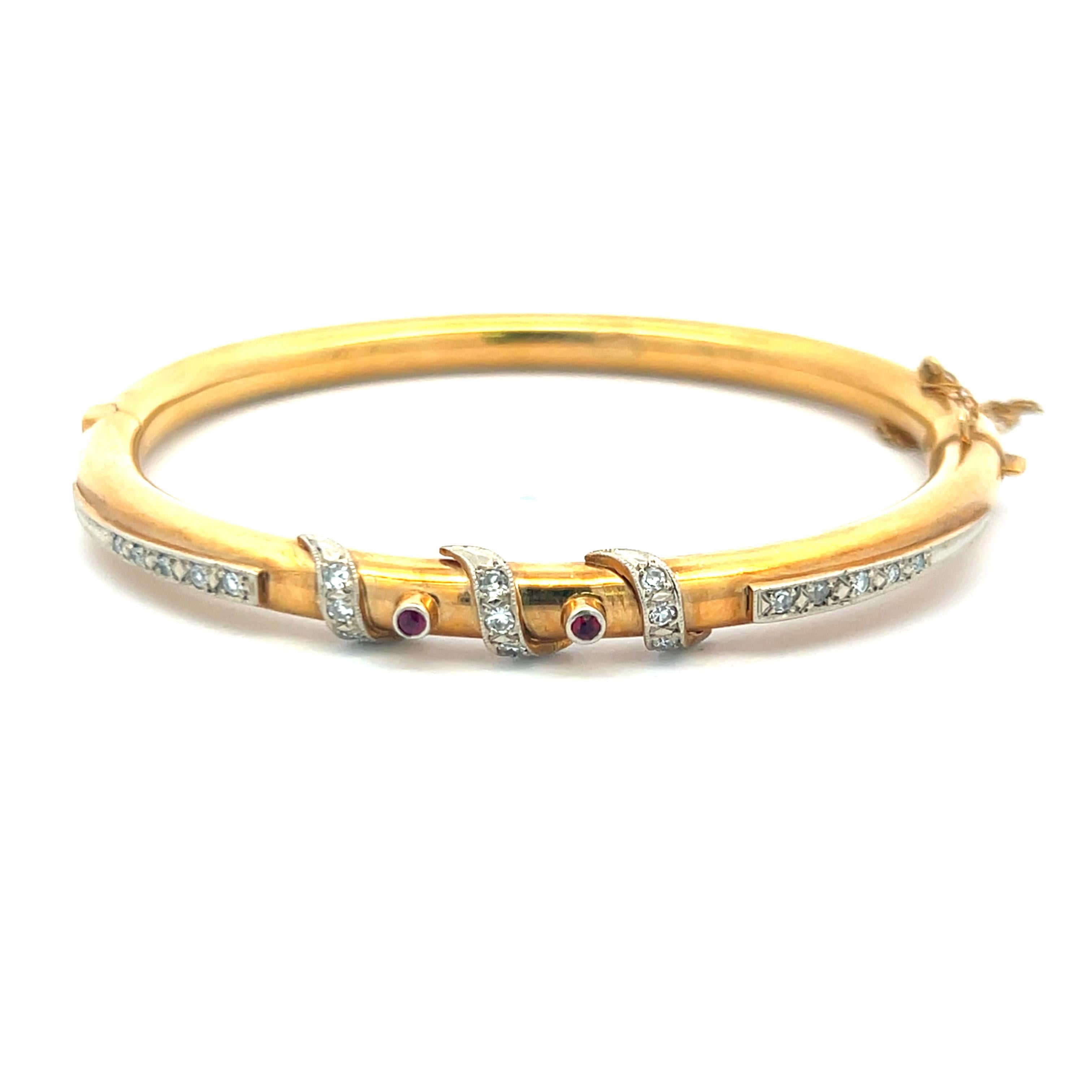 0.28 Carat Circular Brilliant Diamond 0.05 Carat Ruby 18K YG Bangle Bracelet