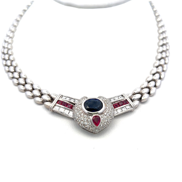 2.50 Carat Sapphire 2.22 Carat Diamond 1.05 Carat Ruby 18K WG Link Necklace