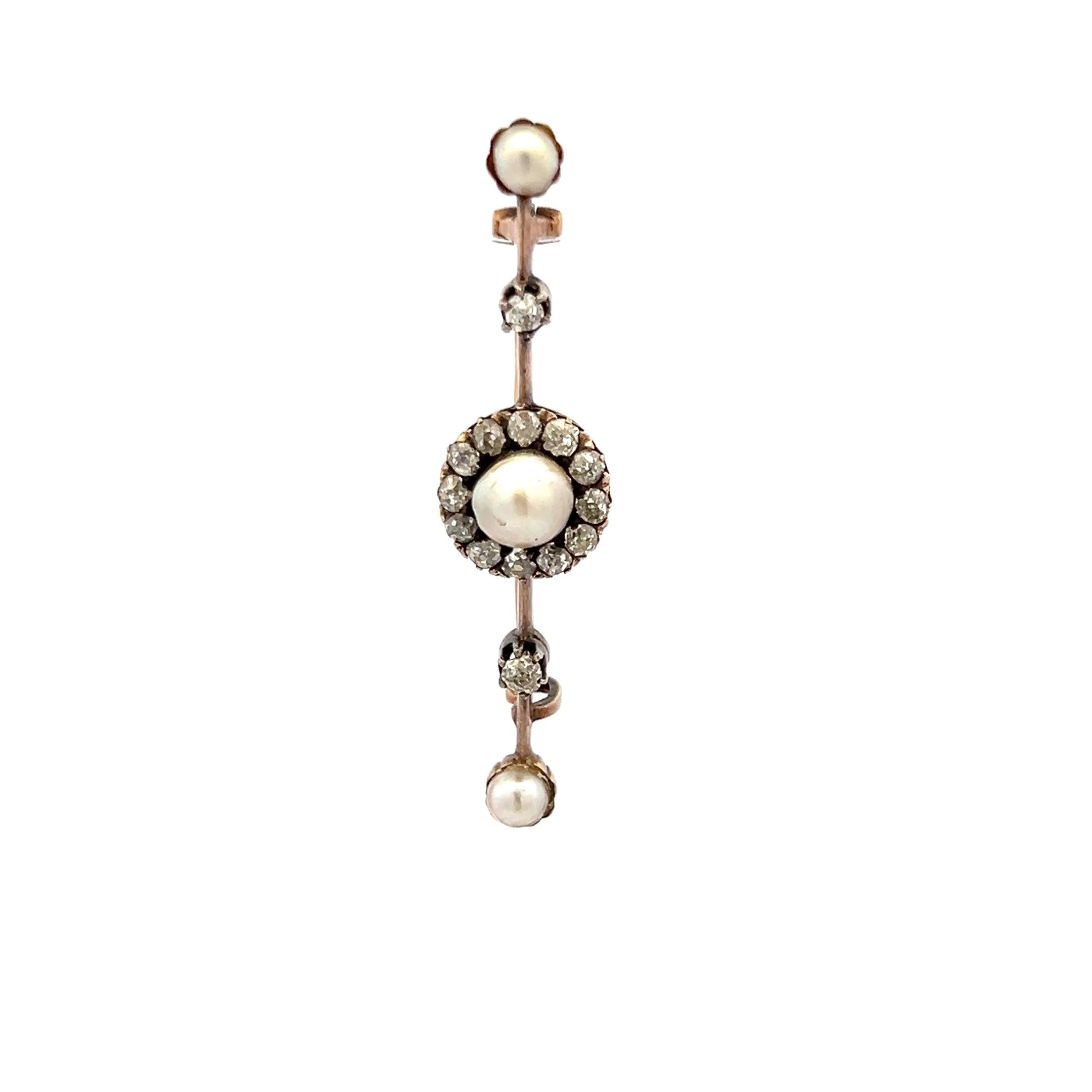 3.6-5.4MM Pearl 0.28 Carat Old European Diamond 18K Yellow Gold Pin Brooch