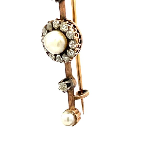 3.6-5.4MM Pearl 0.28 Carat Old European Diamond 18K Yellow Gold Pin Brooch