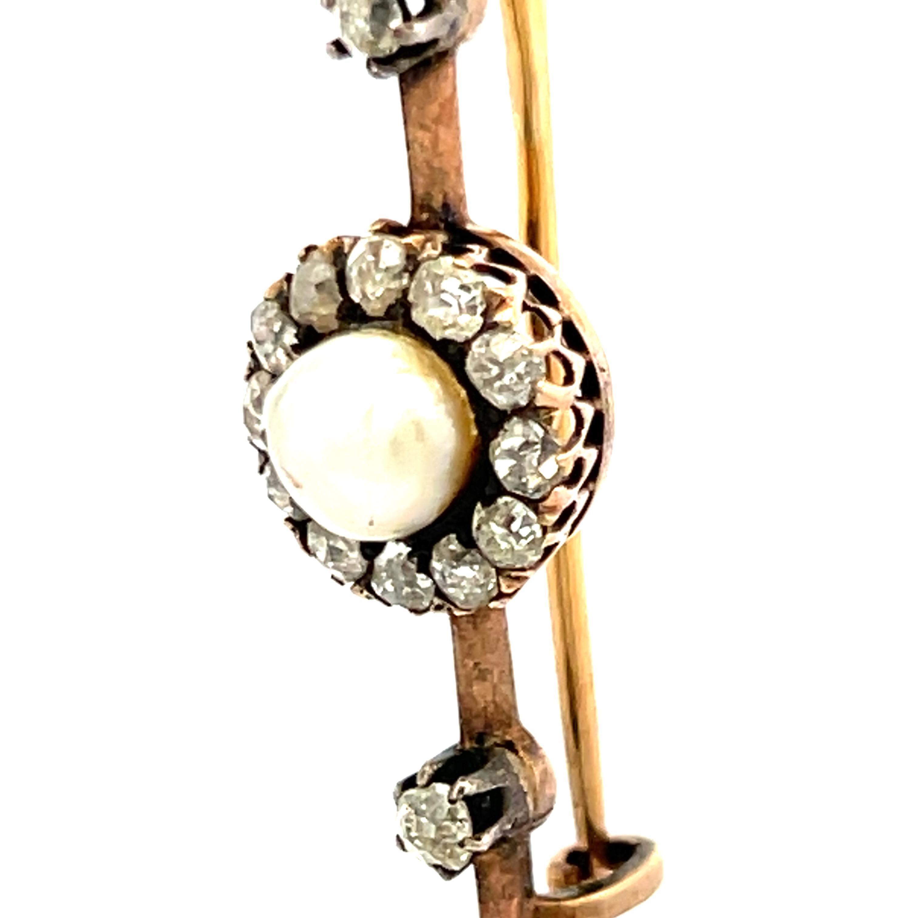 3.6-5.4MM Pearl 0.28 Carat Old European Diamond 18K Yellow Gold Pin Brooch