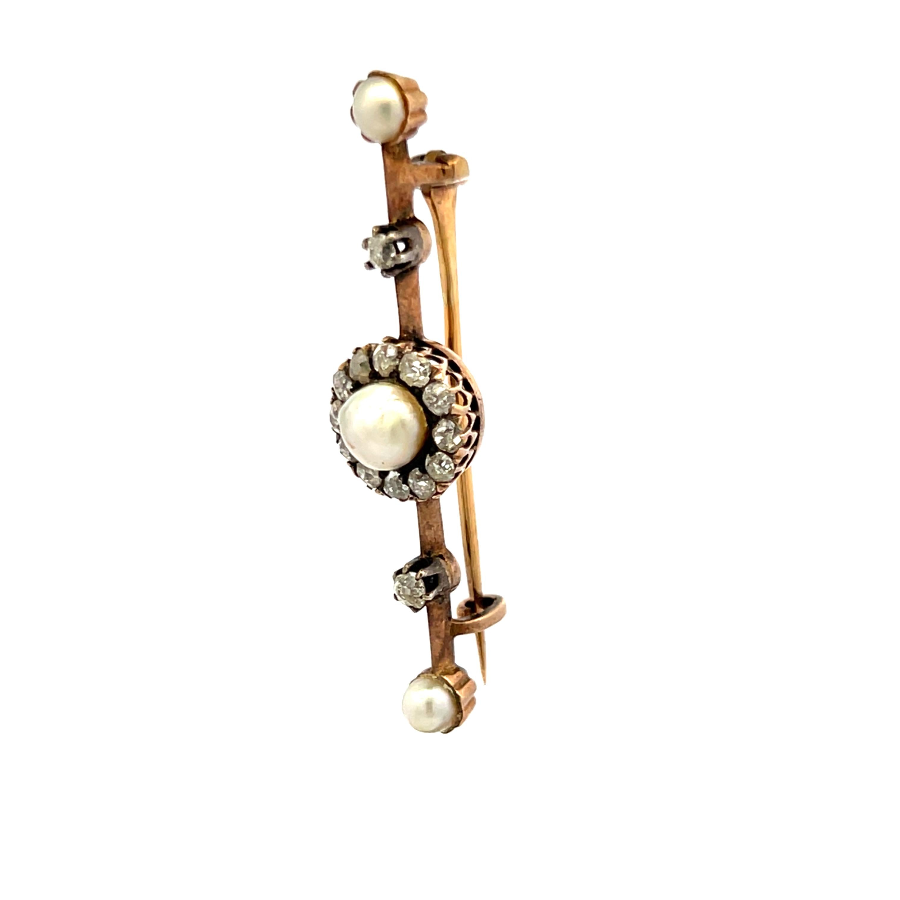 3.6-5.4MM Pearl 0.28 Carat Old European Diamond 18K Yellow Gold Pin Brooch
