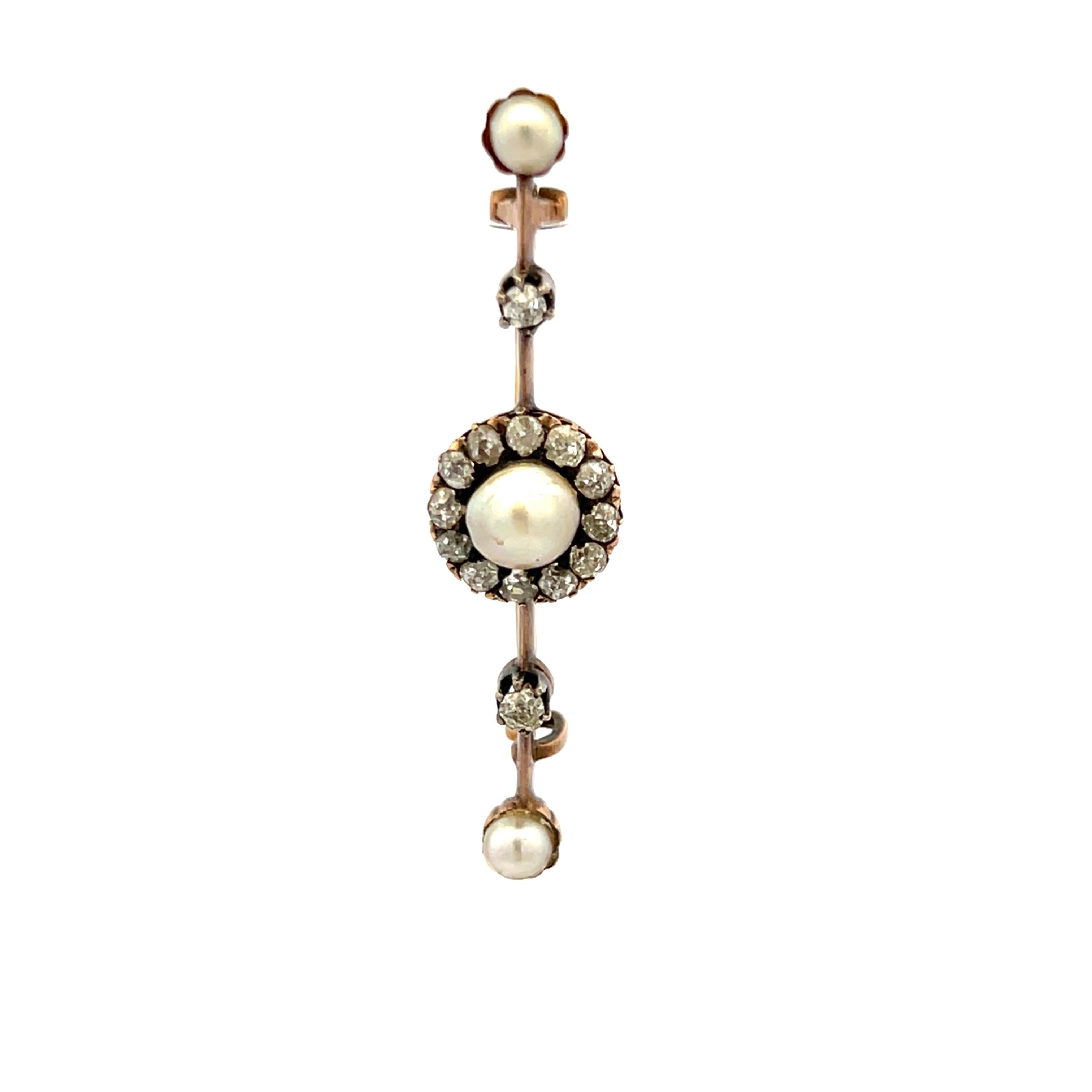 3.6-5.4MM Pearl 0.28 Carat Old European Diamond 18K Yellow Gold Pin Brooch