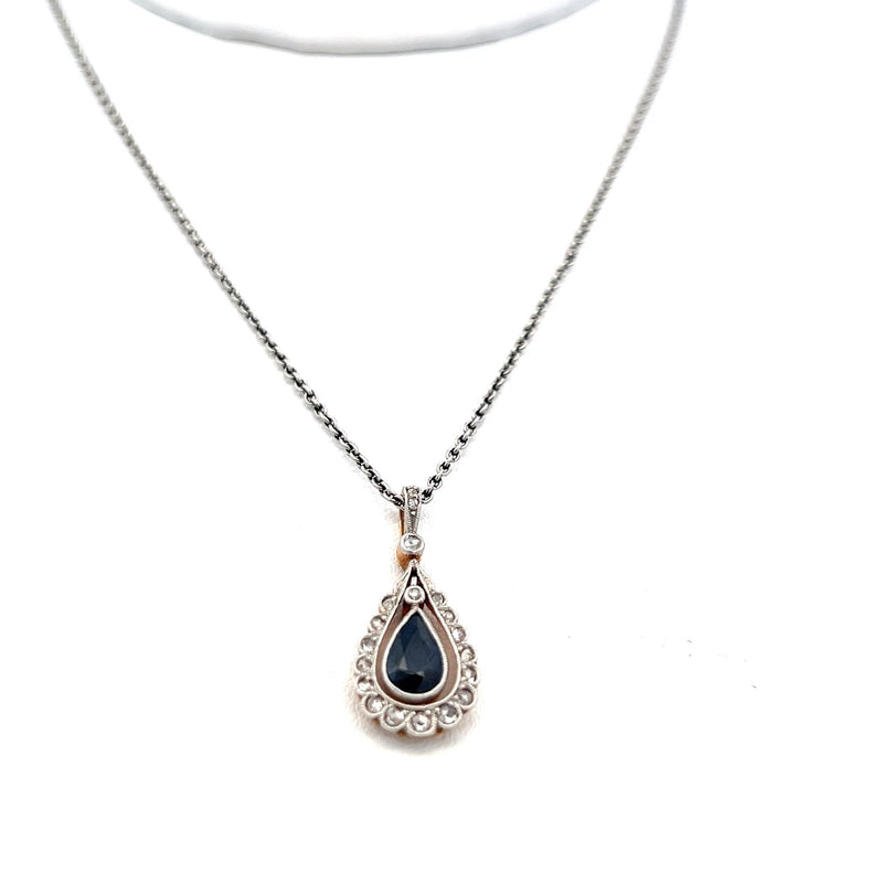 1.00 Carat Sapphire 0.13 Carat Old European Diamond 14K Gold Pendant Necklace