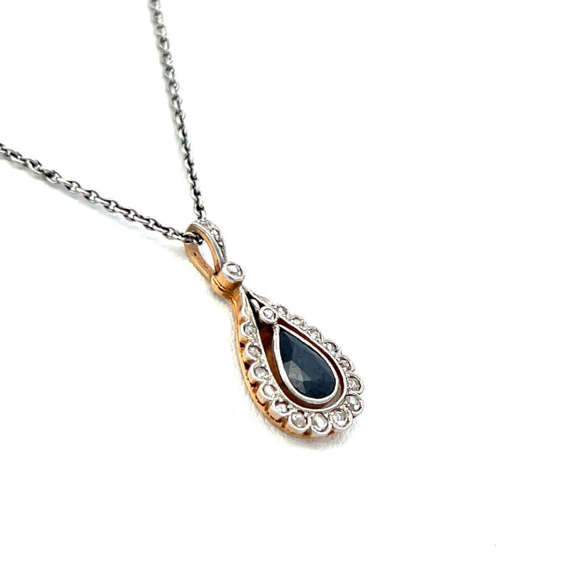 1.00 Carat Sapphire 0.13 Carat Old European Diamond 14K Gold Pendant Necklace