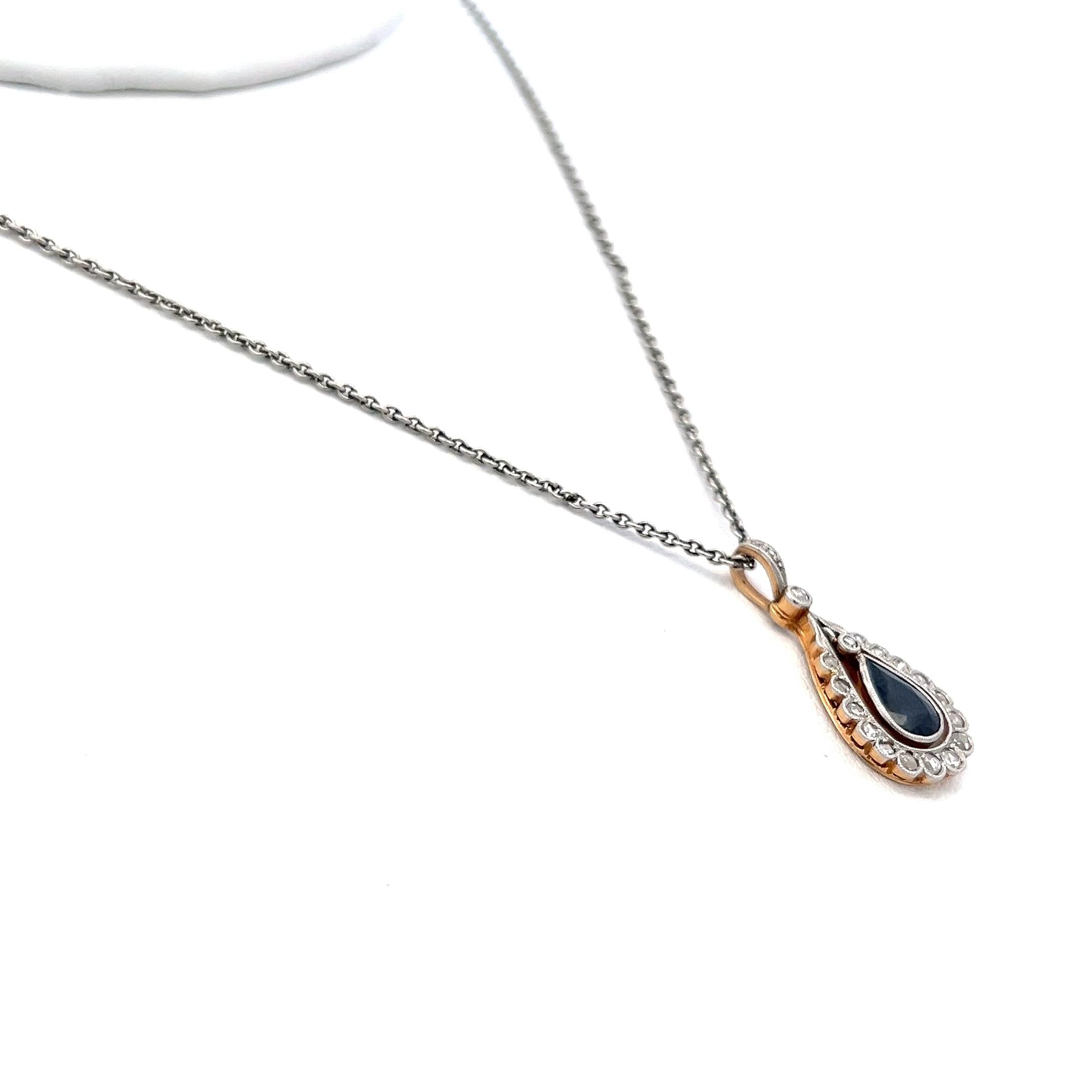 1.00 Carat Sapphire 0.13 Carat Old European Diamond 14K Gold Pendant Necklace